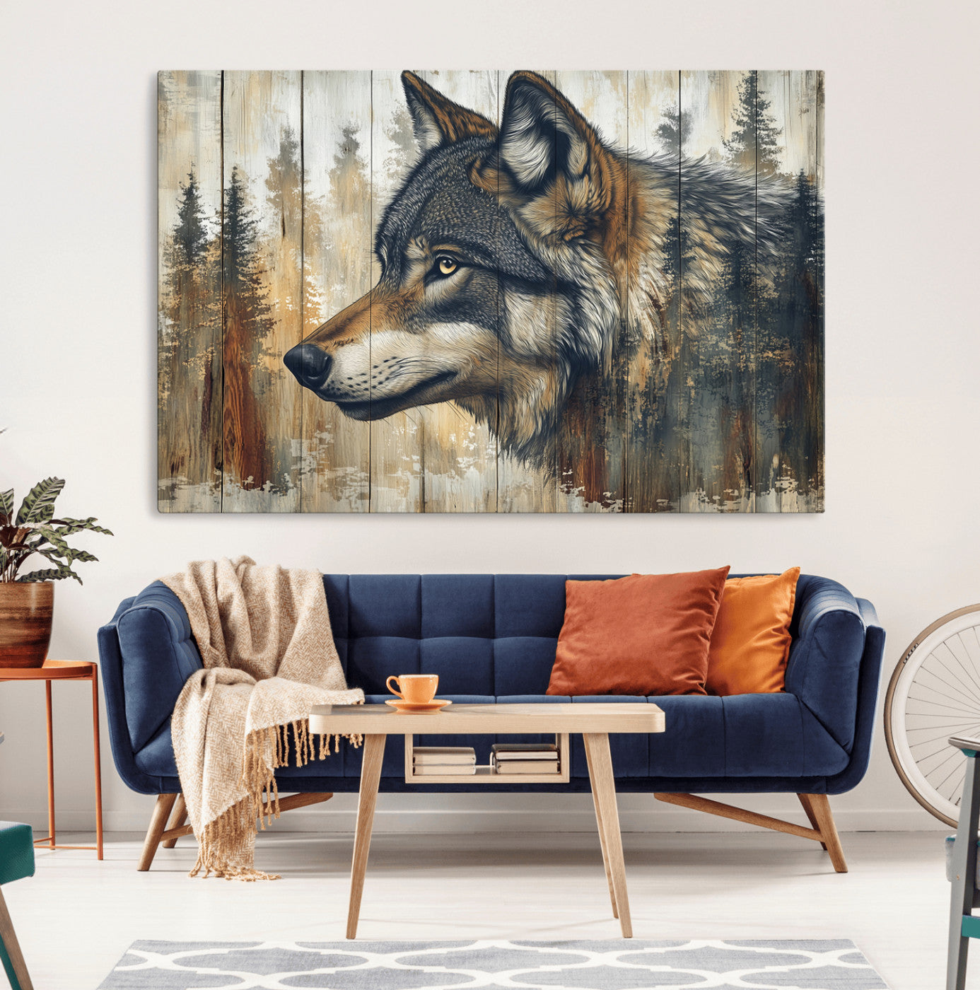 91882-MGV-CV-36X24-Wolf Wall Art – Rustic Canvas Print of Forest Wolf on Wood Background, Wildlife Lodge Artwork for Living Room, Bedroom, Cabin, or