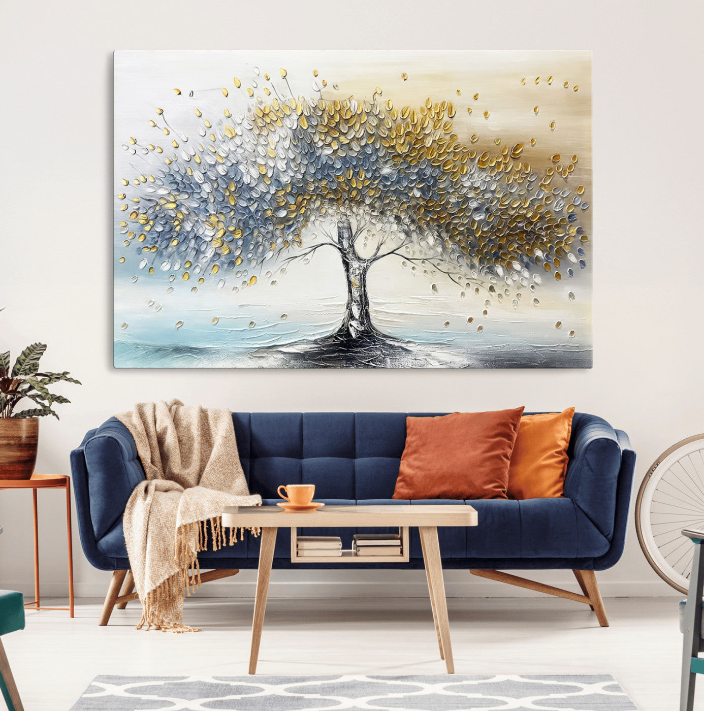 24771-MGV-CV-36X24-Silver Tree Wall Art Canvas Print, Framed Golden Leaves Art Picture Print, Metallic Tree Perfect Minimalist Luxury Decor Artwork