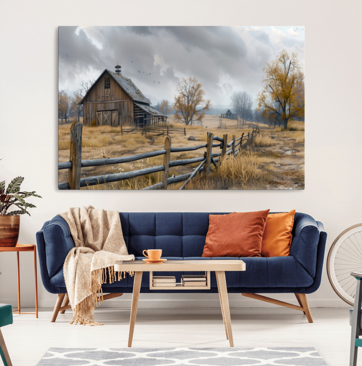 Farm1-MGV-CV-36X24-Rustic Autumn Farmhouse Wall Art – Serene Countryside Scene Canvas Print, Weathered Barn and Autumn Trees Decor for Living Room,