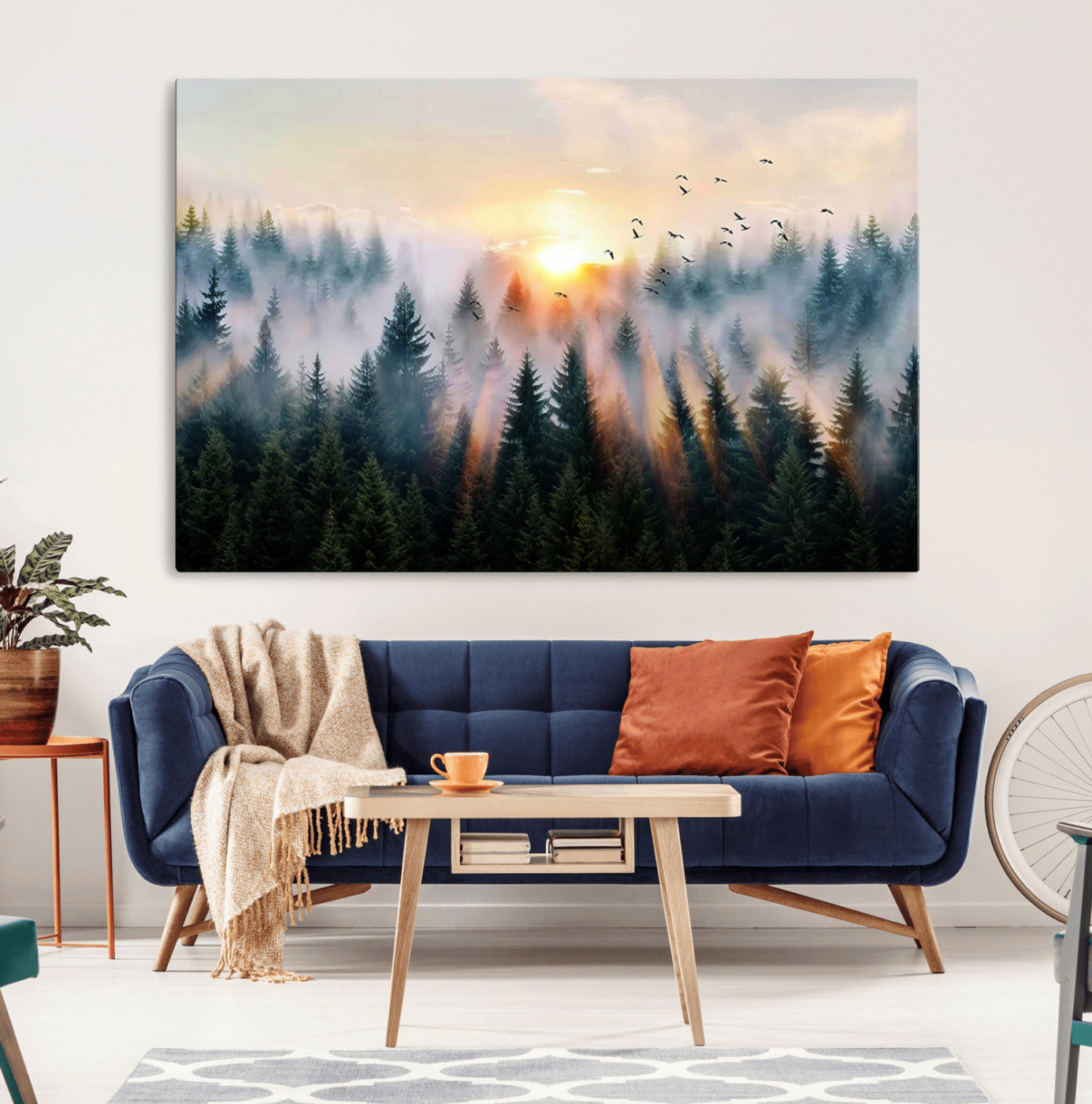 56391411-MGV-CV-36X24-Misty Forest Wall Art Canvas Print, Framed Sunrise Pines Art Picture Print, Moody Pines Perfect Serene Woodland Decor Artwork