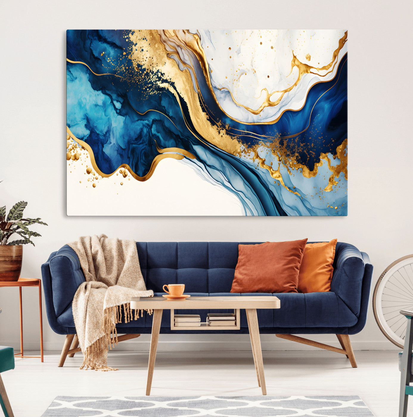 60283636-MGV-CV-36X24-Blue Gold Flow Wall Art Canvas Print, Framed Marble Texture Art Picture Print, Elegant Splash Perfect Elegant Abstract Decor
