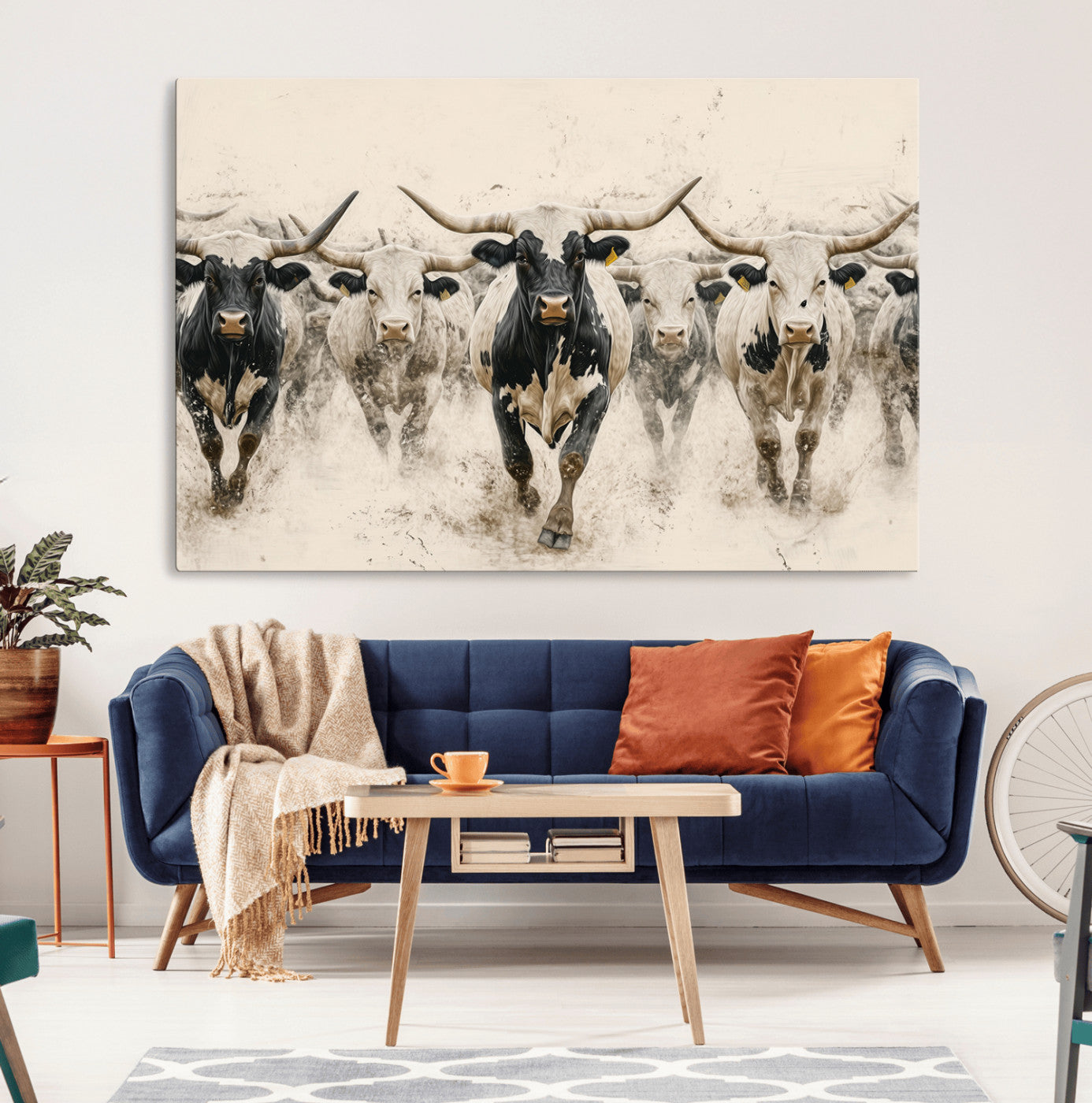 61538944-MGV-CV-36X24-Texas Longhorn Wall Art Canvas Print, Framed Cattles Walking Art Picture Print, Black White Bulls Perfect Rustic Western Decor