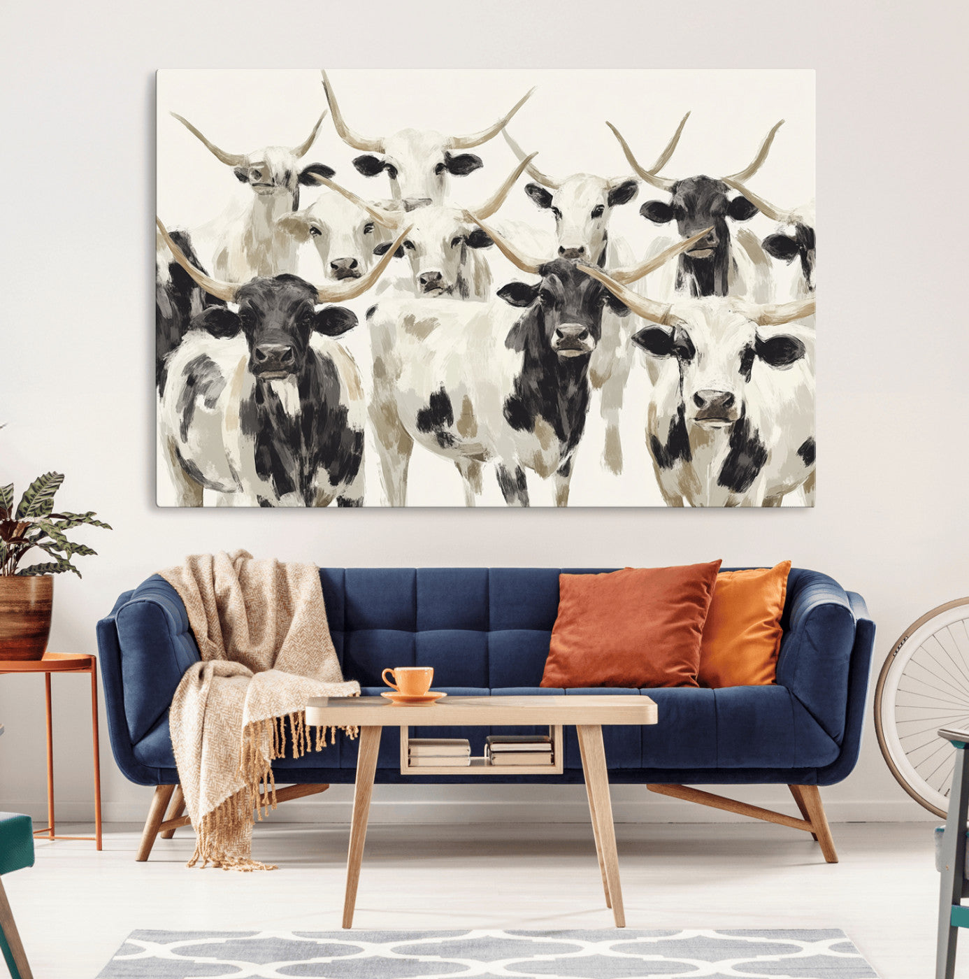 52947970-MGV-CV-36X24-Texas Longhorn Wall Art Canvas Print, Framed Cattle Herd Art Picture Print, Herd Portrait Perfect Modern Farmhouse Decor Artwork