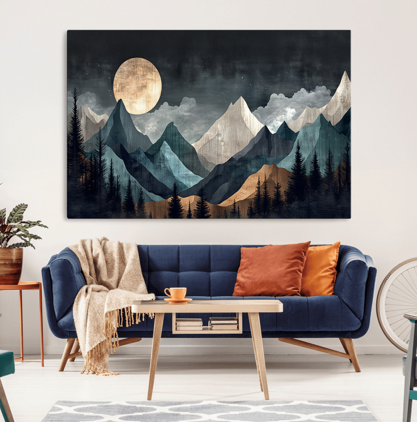 11060882-MGV-CV-36X24-Moonlit Mountains Wall Art Canvas Print, Framed Forest Silhouette Art Picture Print, Night Landscape Perfect Modern Forest Decor