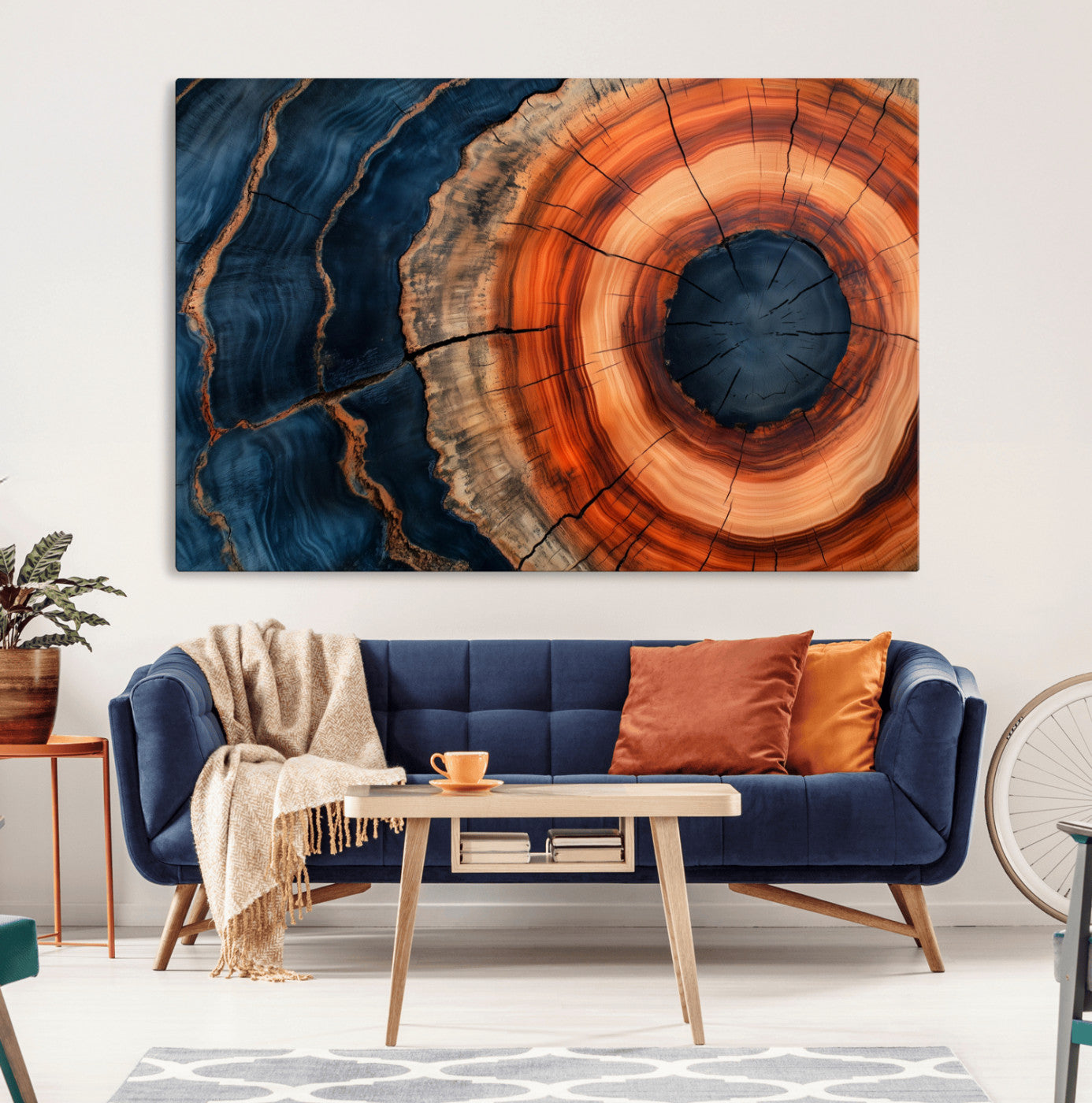 41123192-MGV-CV-36X24-Tree Ring Canvas Wall Art – Abstract Blue Orange Wood Grain Print, Rustic Modern Nature Artwork for Living Room, Bedroom, Office