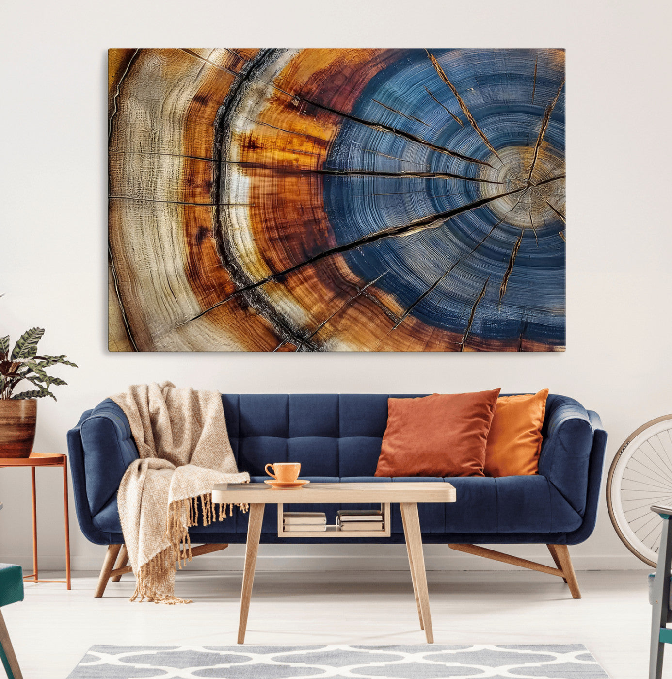 18032999-MGV-CV-36X24-Tree Ring Wall Art – Blue Brown Abstract Wood Slice Canvas Print, Rustic Modern Nature Decor for Living Room, Office, Bedroom or