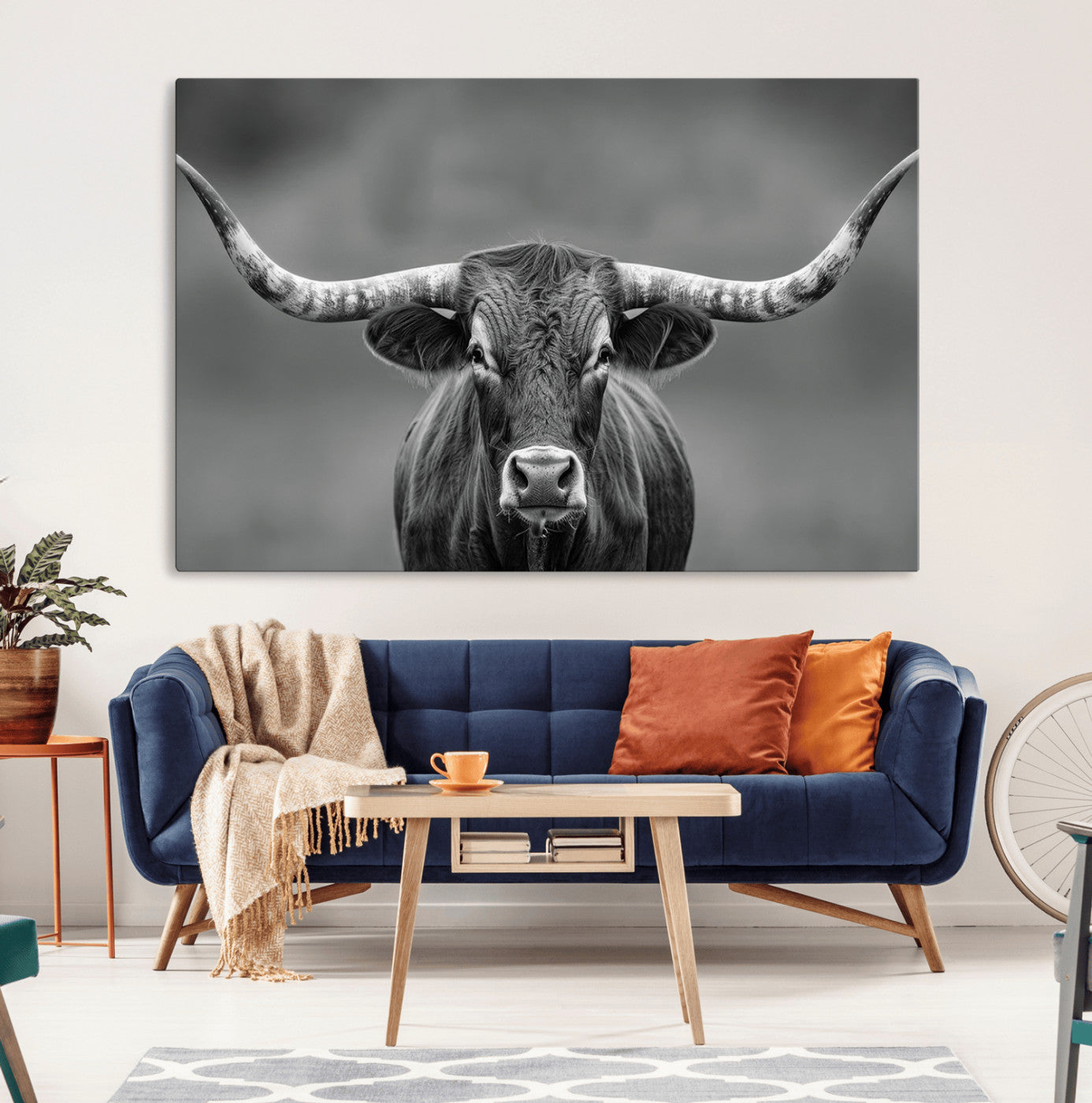 81228550-MGV-CV-36X24-Framed Texas Longhorn Bull Art Canvas Print, Western Bull Wall Art Print, Long Horn Bull Photo Print for Log Cabin, Large Bull