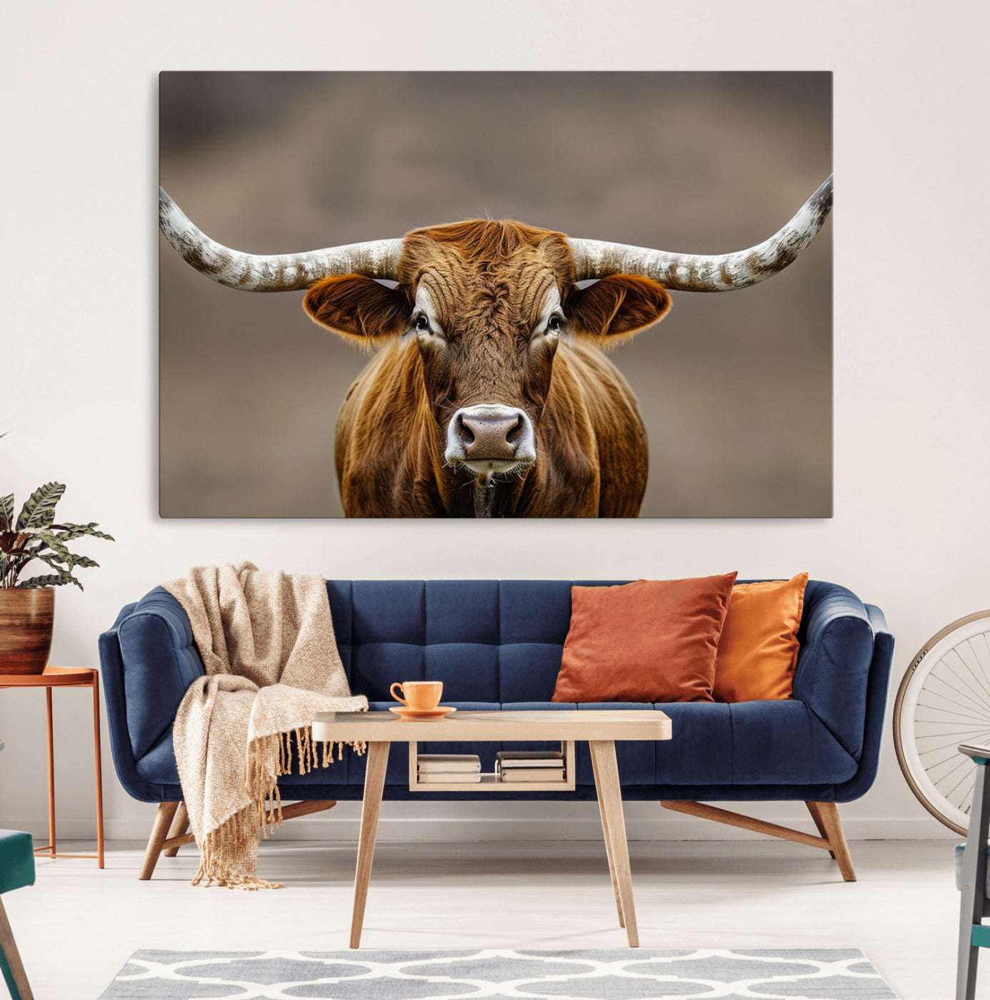 12179171-MGV-CV-36X24-Texas Longhorn Wall Art Canvas Print, Framed Brown Bull Art Picture Print, Lone Cattle Perfect Rustic Western Decor Artwork