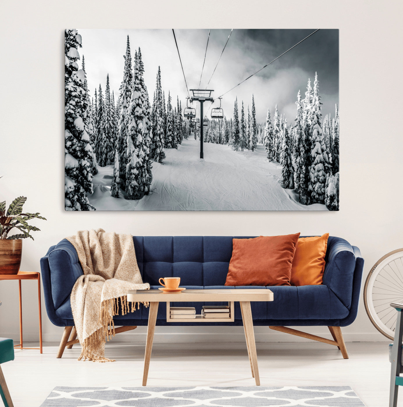 31156828-MGV-CV-36X24-Snowy Pines Wall Art Canvas Print, Framed Ski Lift Art Picture Print, Winter Forest Perfect Moody Lodge Decor Artwork