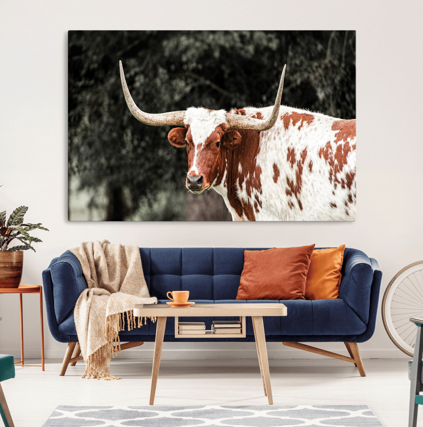 54027638-MGV-CV-36X24-Texas Longhorn Wall Art Canvas Print, Framed Spotted Cow Art Picture Print, Horned Bull Perfect Rustic Western Decor Artwork
