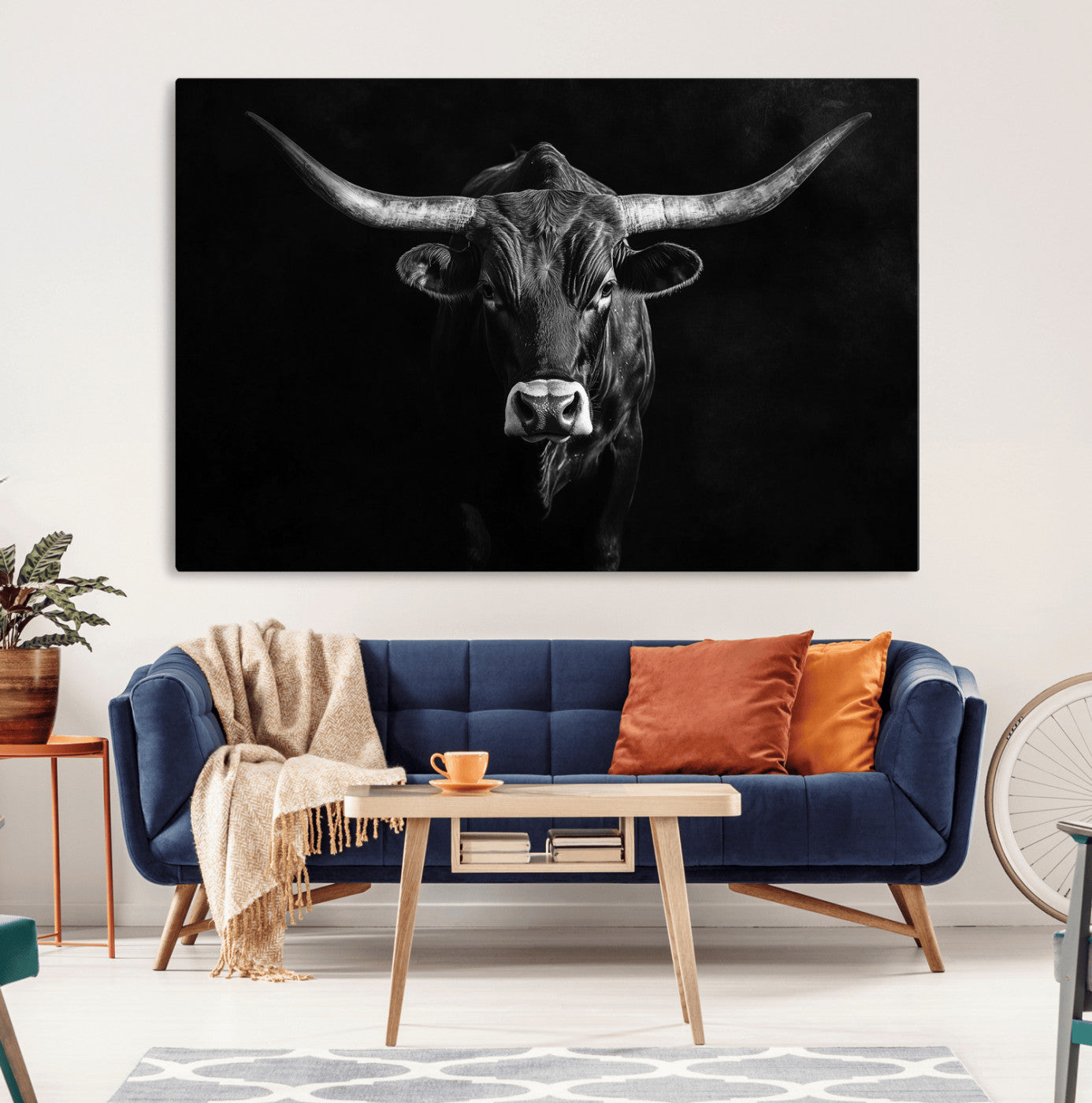 42077175-MGV-CV-36X24-Texas Longhorn Wall Art Canvas Print, Framed Monochrome Bull Art Picture Print, Horned Bull Perfect Rustic Western Decor Artwork