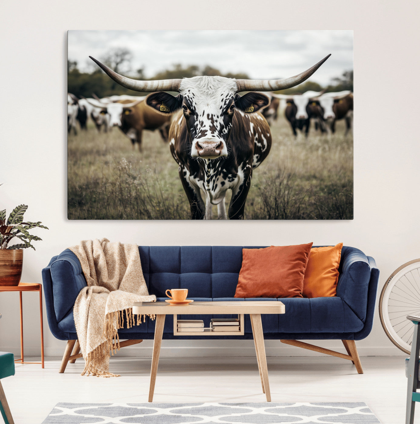 79025945-MGV-CV-36X24-Texas Longhorn Wall Art Canvas Print, Framed Speckled Cow Art Picture Print, Horned Cattle Perfect Rustic Western Decor Artwork