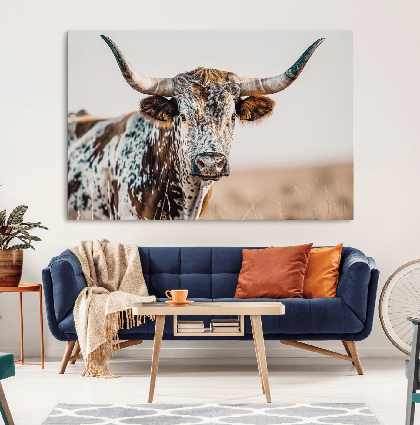 70414966-MGV-CV-36X24-Texas Longhorn Wall Art Canvas Print, Framed Speckled Cow Art Picture Print, Horned Bull Perfect Rustic Western Decor Artwork