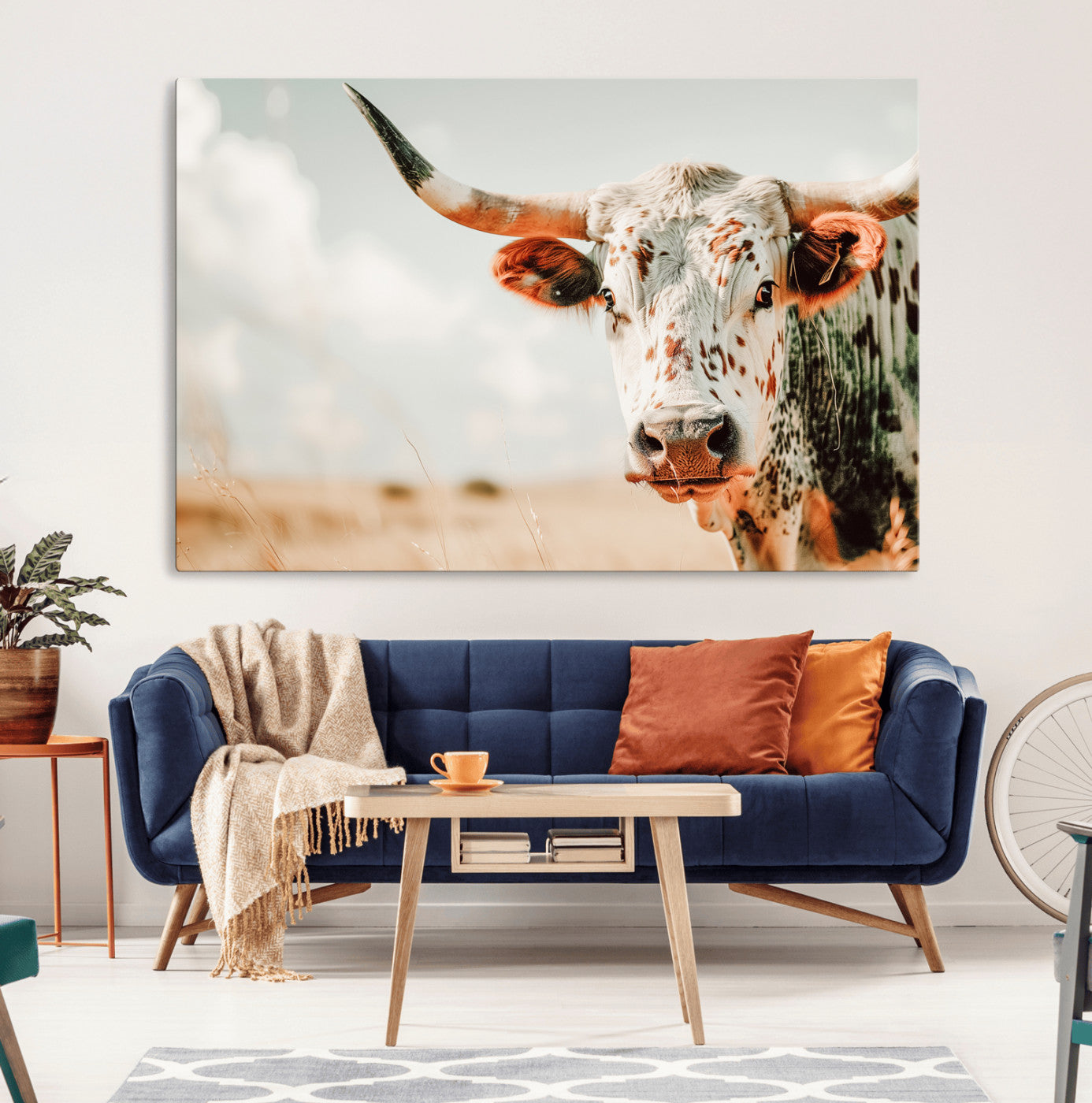 72766375-MGV-CV-36X24-Texas Longhorn Wall Art Canvas Print, Framed Spotted Cow Art Picture Print, Horned Cattle Perfect Rustic Western Decor Artwork