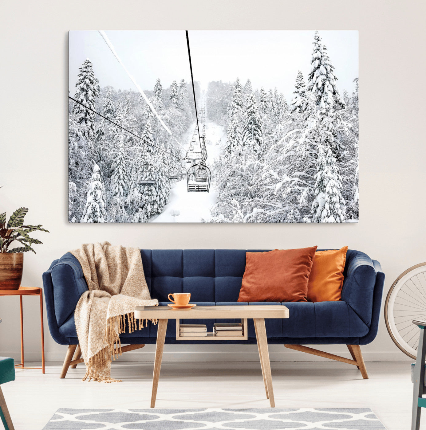60296839-MGV-CV-36X24-Snowy Mountains Wall Art Canvas Print, Framed Ski Lift Art Picture Print, Winter Forest Perfect Winter Minimalist Decor Artwork
