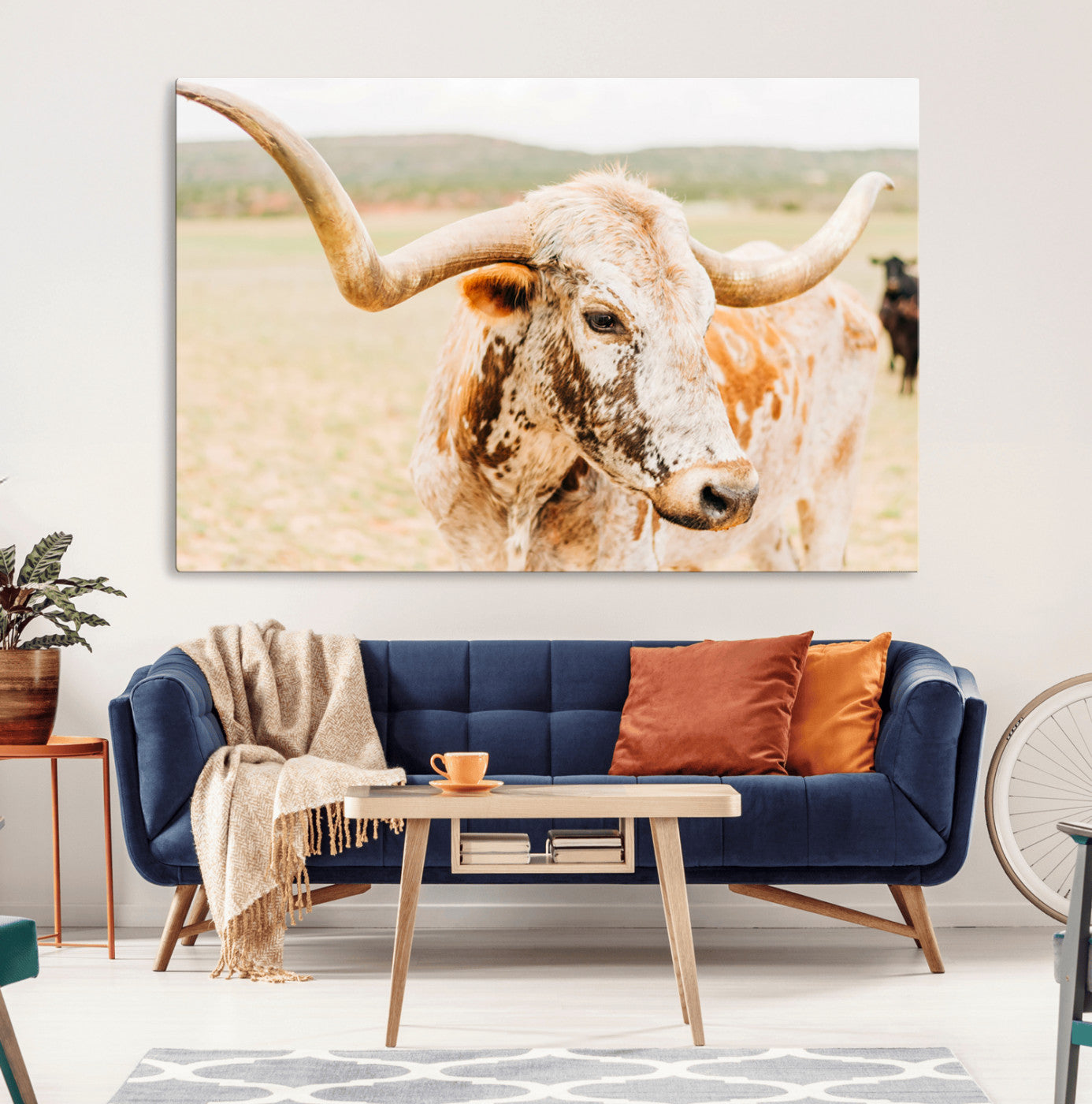 21060648-MGV-CV-36X24-Texas Longhorn Wall Art Canvas Print, Framed Speckled Cow Art Picture Print, Rustic Bull Perfect Rustic Western Decor Artwork