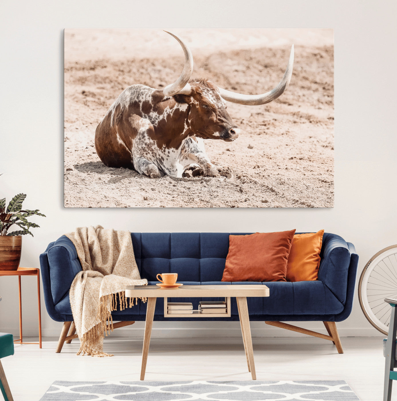25407592-MGV-CV-36X24-Texas Longhorn Wall Art Canvas Print, Framed Resting Bull Art Picture Print, Spotted Cattle Perfect Rustic Western Decor Artwork