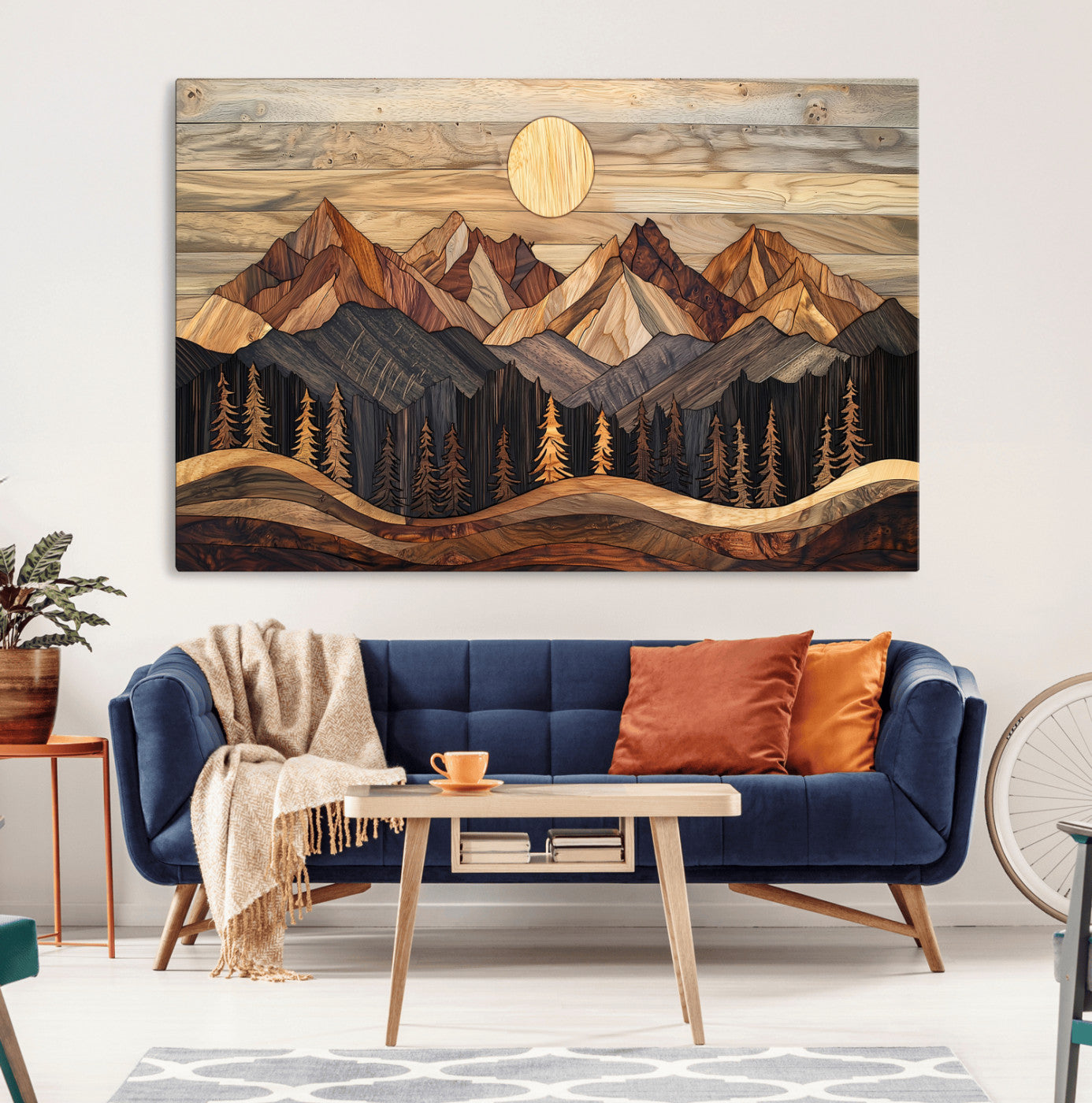 50100230-MGV-CV-36X24-Wooden Mountain Wall Art – Rustic Nature Landscape Canvas Print, Handmade Style Sun, Forest, and Peaks Artwork for Living Room,