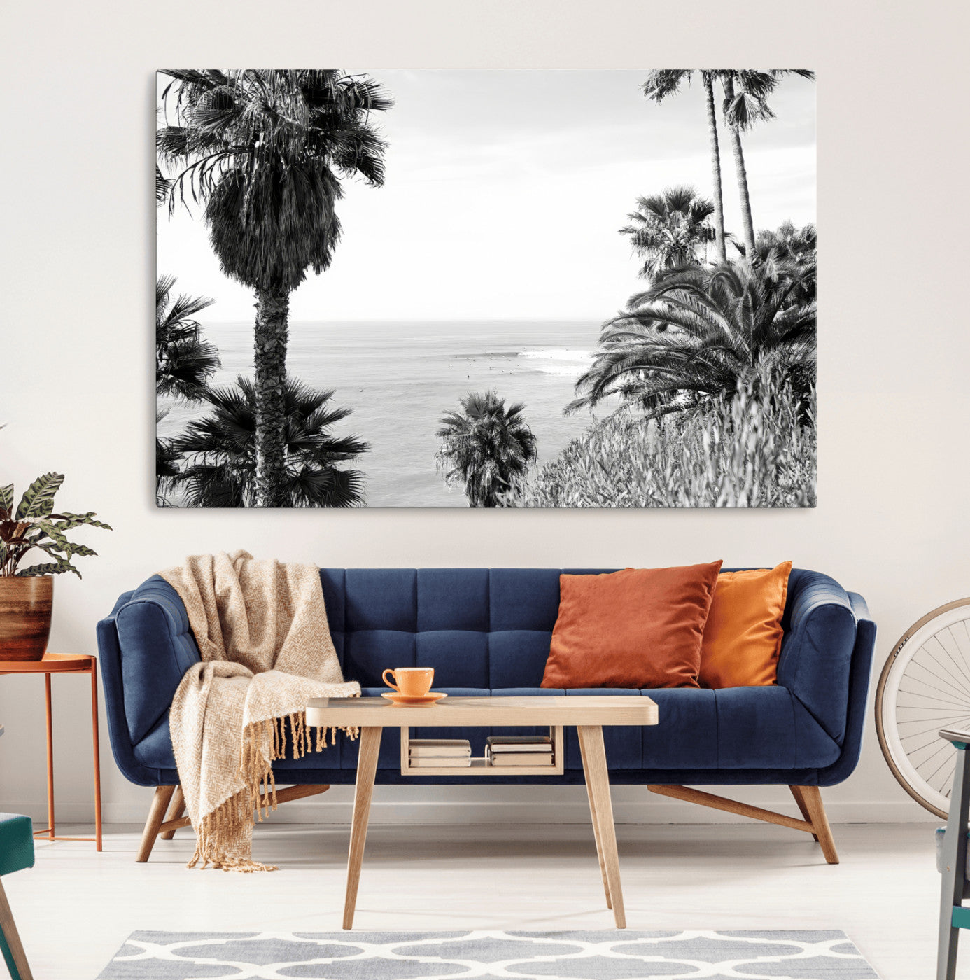 89458520-MGV-CV-36X24-Palm Trees Wall Art Canvas Print, Framed Coastal View Art Picture Print, Ocean Horizon Perfect Monochrome Coast Decor Artwork