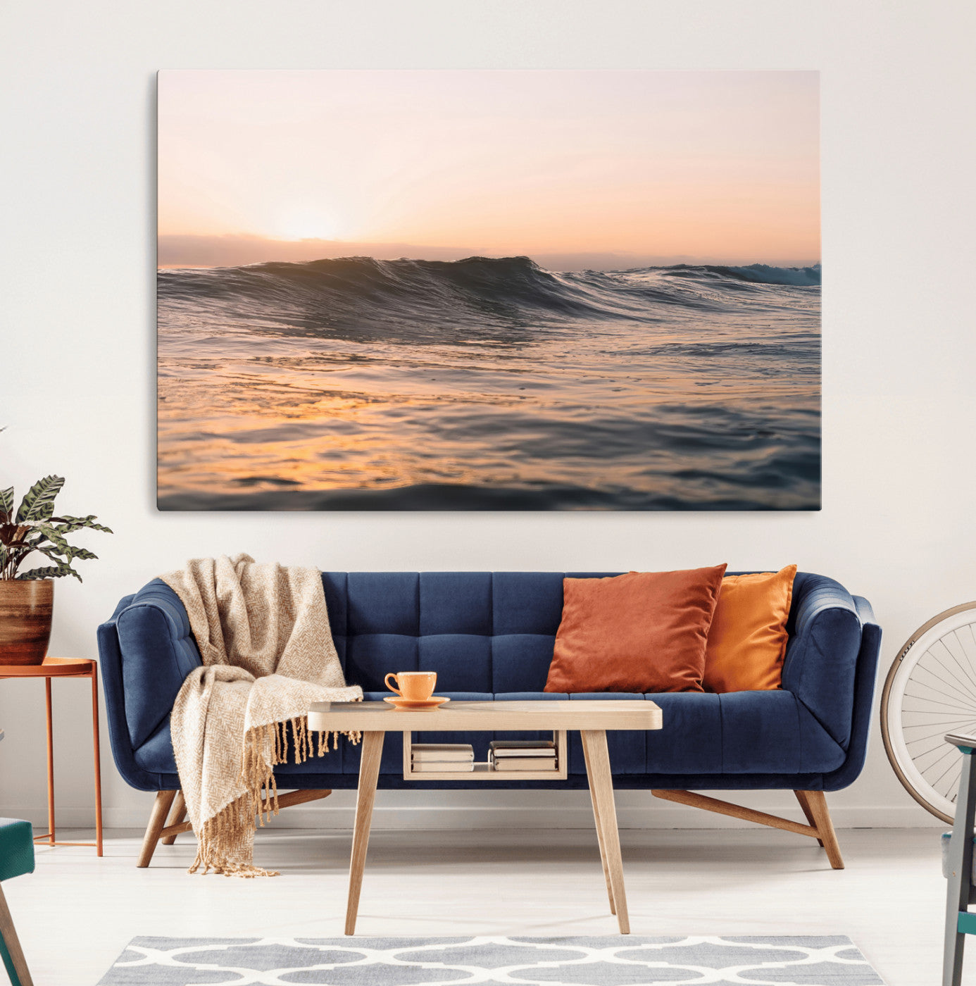 46299358-MGV-CV-36X24-Sunset Waves Wall Art Canvas Print, Framed Ocean Horizon Art Picture Print, Golden Water Perfect Golden Hour Coastal Decor Artwork