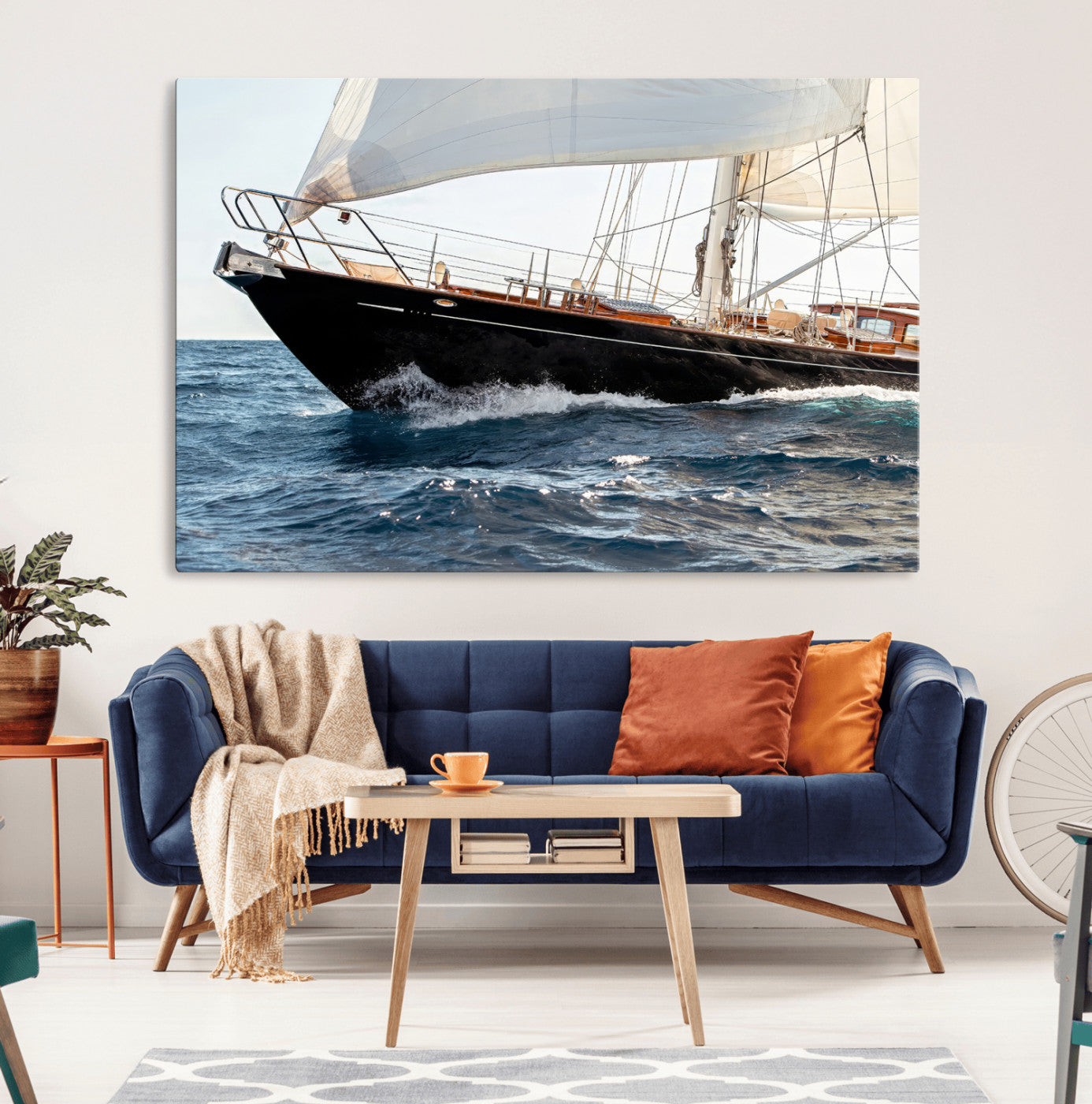 97168626-MGV-CV-36X24-Sailing Yacht Wall Art Canvas Print, Framed Wooden Yacht Art Picture Print, Ocean Waves Perfect Nautical Coastal Decor Artwork