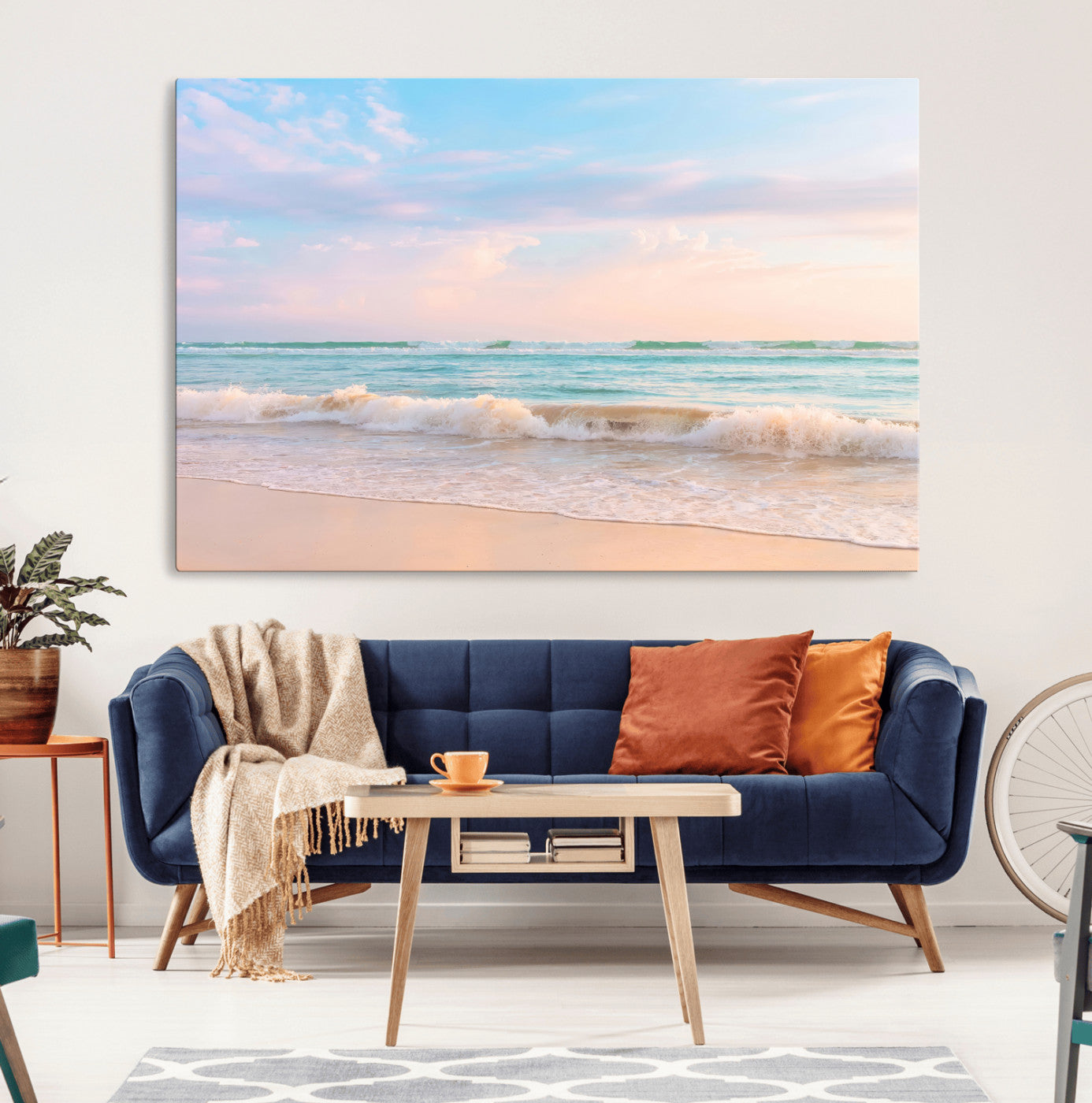 74679437-MGV-CV-36X24-Pastel Ocean Wall Art Canvas Print, Framed Beach Waves Art Picture Print, Soft Sunset Perfect Pastel Coastal Decor Artwork