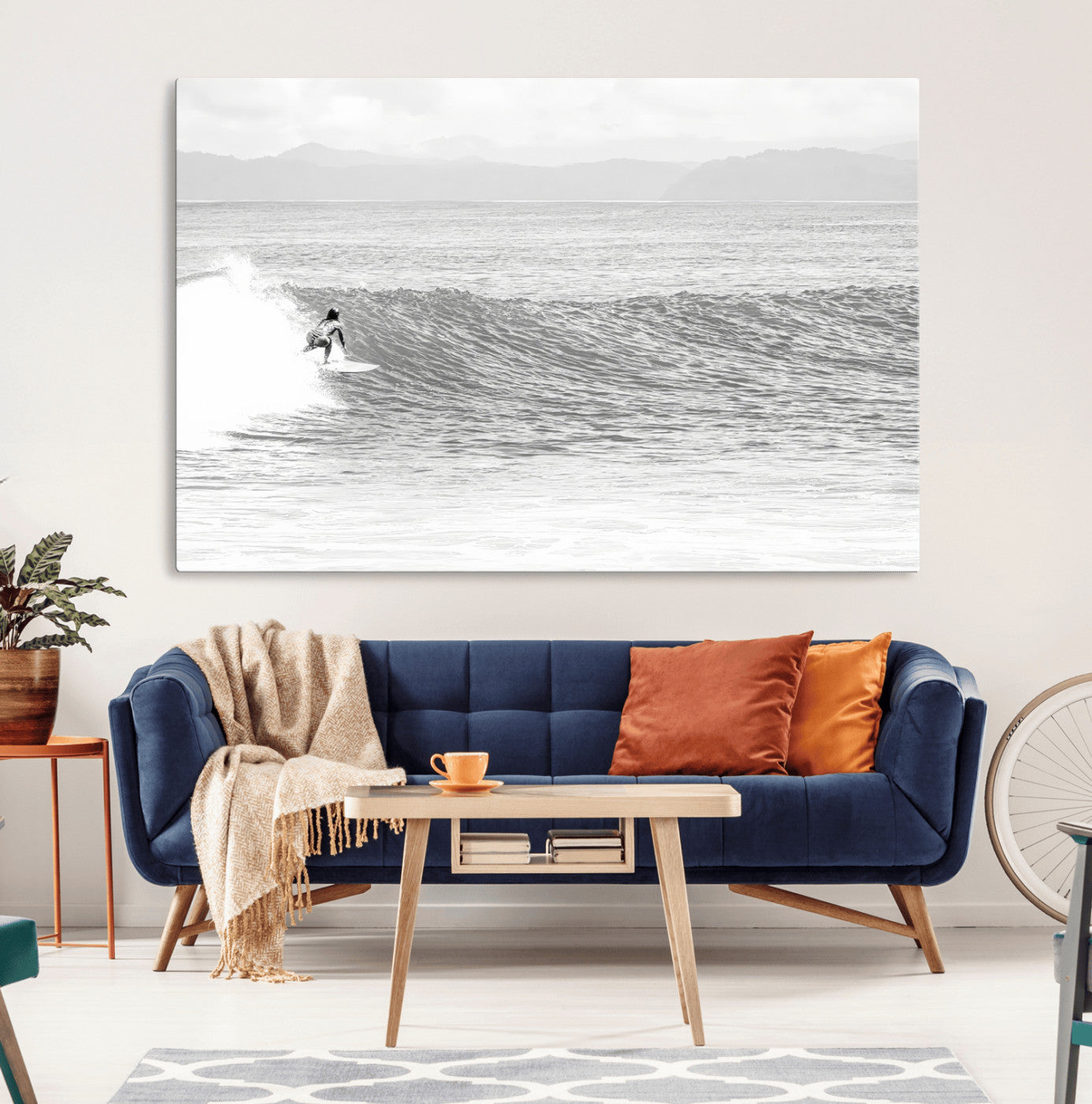 81535128-MGV-CV-36X24-Surfer Woman Wall Art Canvas Print, Framed Black Ocean Art Picture Print, Ocean Surfing Perfect Monochrome Coastal Decor Artwork