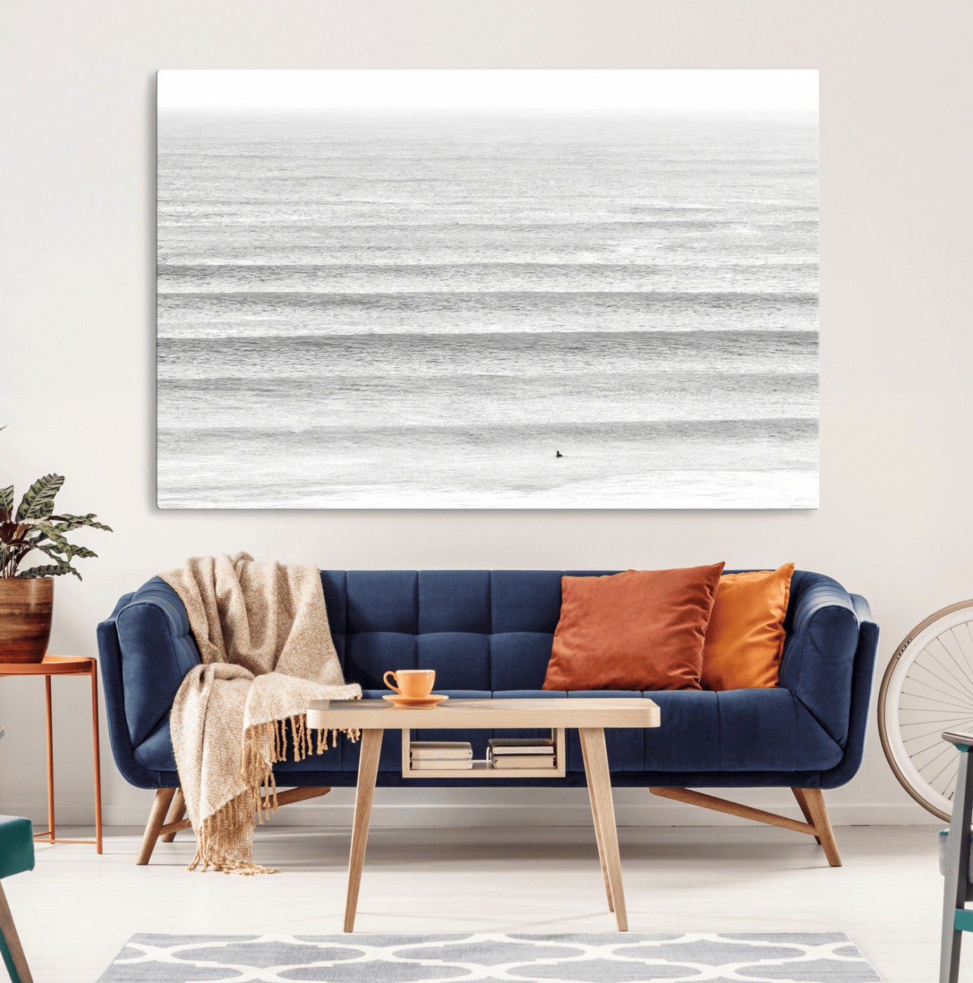 66534476-MGV-CV-36X24-Lone Surfer Wall Art Canvas Print, Framed Ocean Waves Art Picture Print, Minimal Sea Perfect Minimal Coastal Decor Artwork