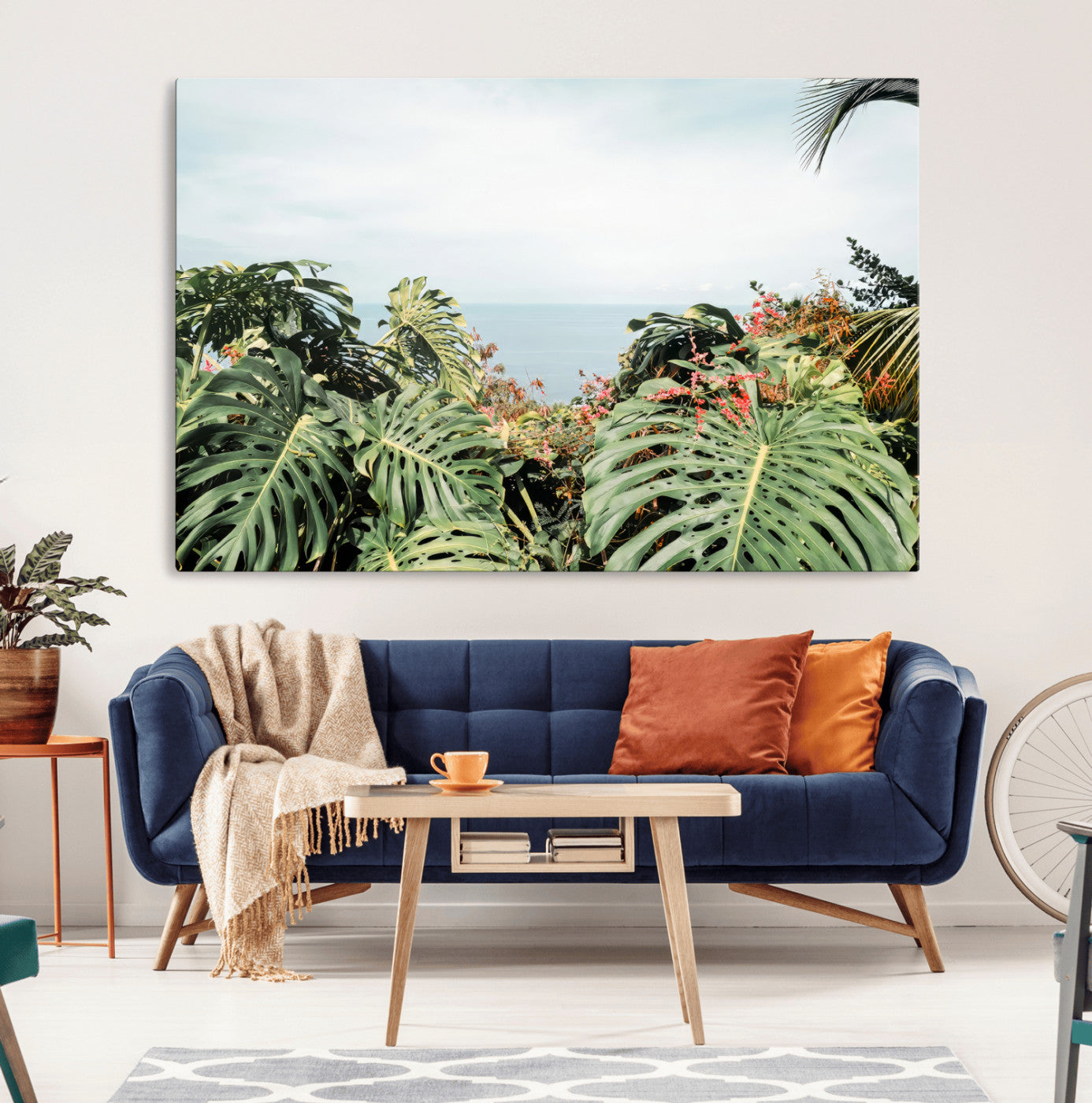 45700479-MGV-CV-36X24-Monstera Leaves Wall Art Canvas Print, Framed Tropical Ocean Art Picture Print, Tropical Foliage Perfect Tropical Coastal Jungle