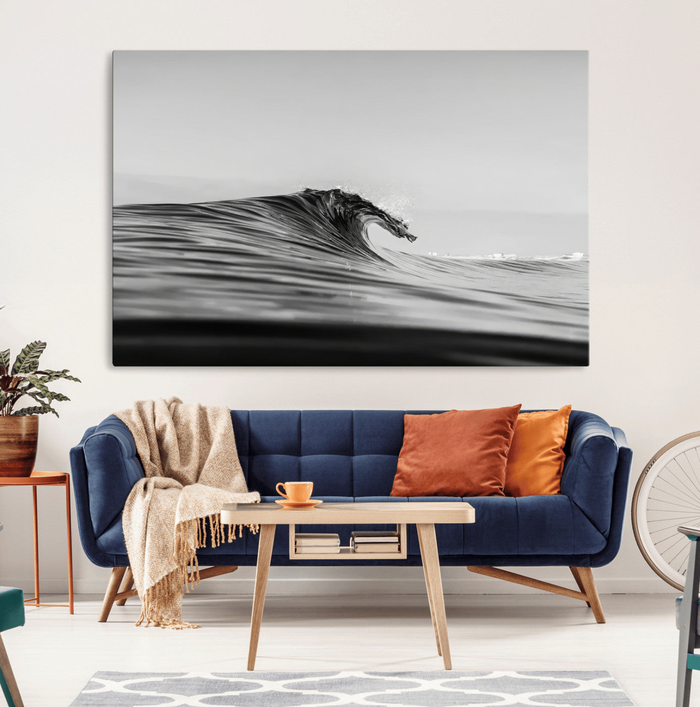 24029476-MGV-CV-36X24-Black Wave Wall Art Canvas Print, Framed Abstract Surf Art Picture Print, Minimalist Ocean Perfect Minimalist Coastal Decor