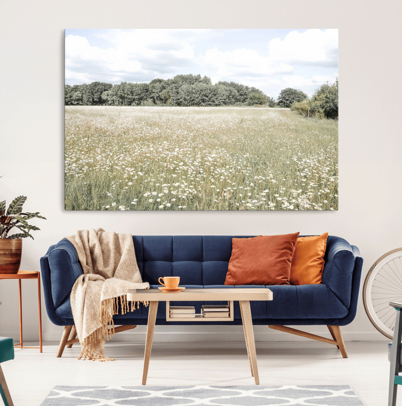 43258946-MGV-CV-36X24-Daisy Field Wall Art Canvas Print, Framed Pastel Flower Art Picture Print, Meadow Bloom Perfect Scandinavian Minimalist Decor