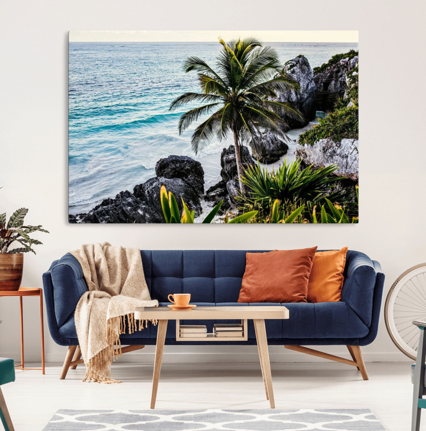94669907-MGV-CV-36X24-Tropical Coastline Wall Art Canvas Print, Framed Palm Tree Art Picture Print, Rocky Beach Perfect Tropical Coastal Decor Artwork