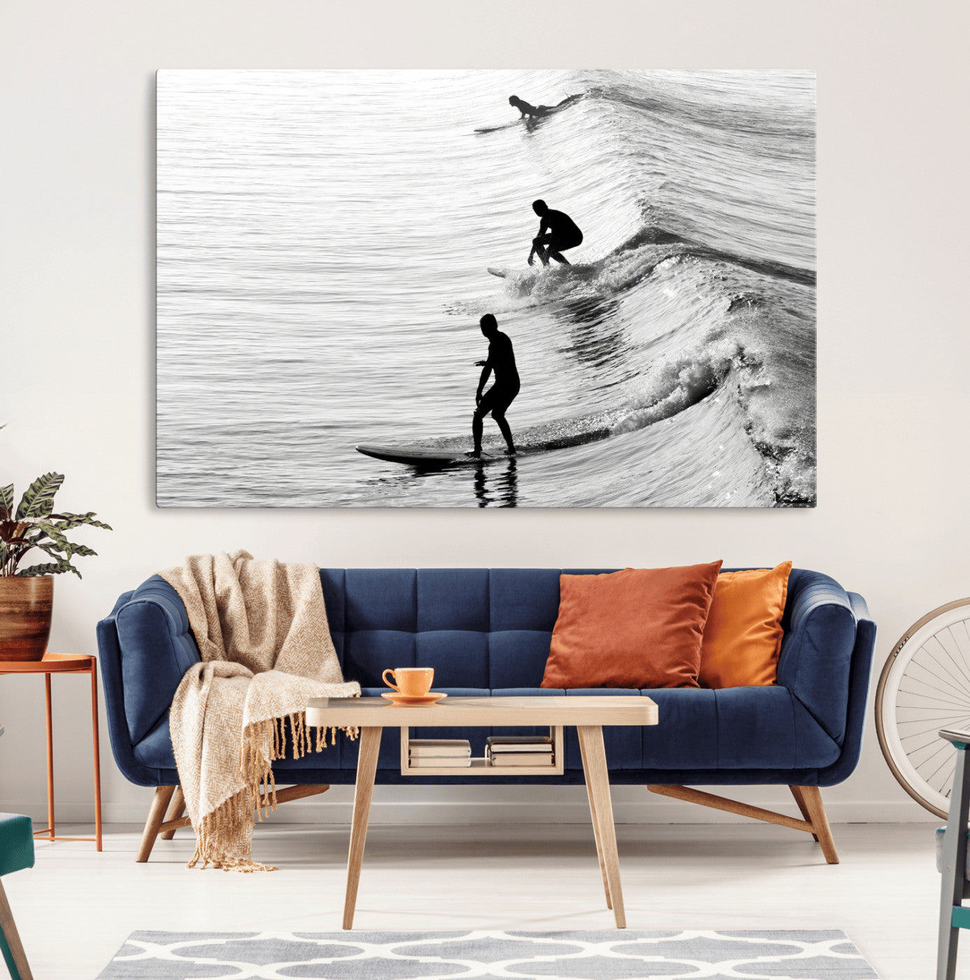 19875284-MGV-CV-36X24-Surfer Waves Wall Art Canvas Print, Framed Black White Surf Art Picture Print, Monochrome Ocean Perfect Modern Coastal Decor
