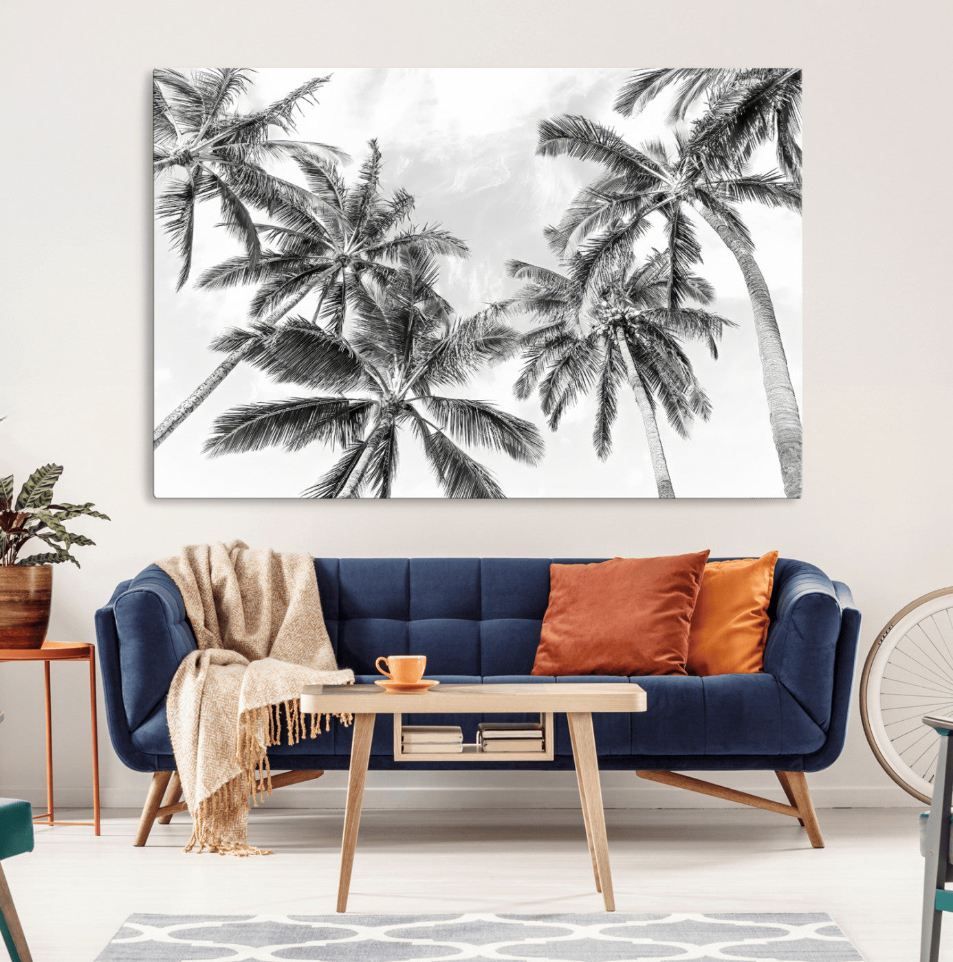 62113786-MGV-CV-36X24-Black White Palm Wall Art Canvas Print, Framed Monochrome Tropics Art Picture Print, Minimalist Beach Perfect Coastal Minimalist