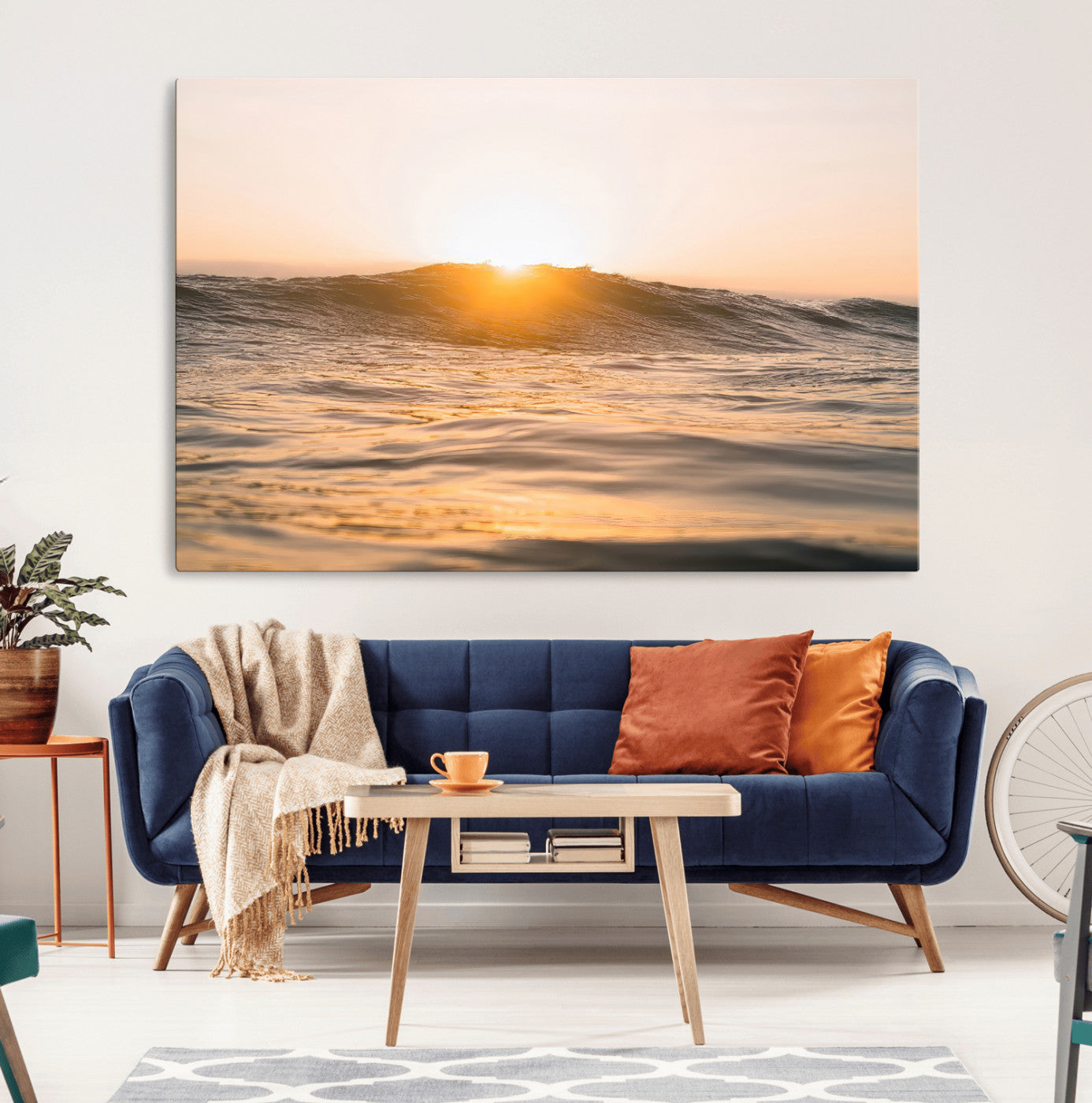 16973771-MGV-CV-36X24-Calm Water Wall Art Canvas Print, Framed Sunset Waves Art Picture Print, Coastal Warmth Perfect Warm Minimalist Decor Artwork
