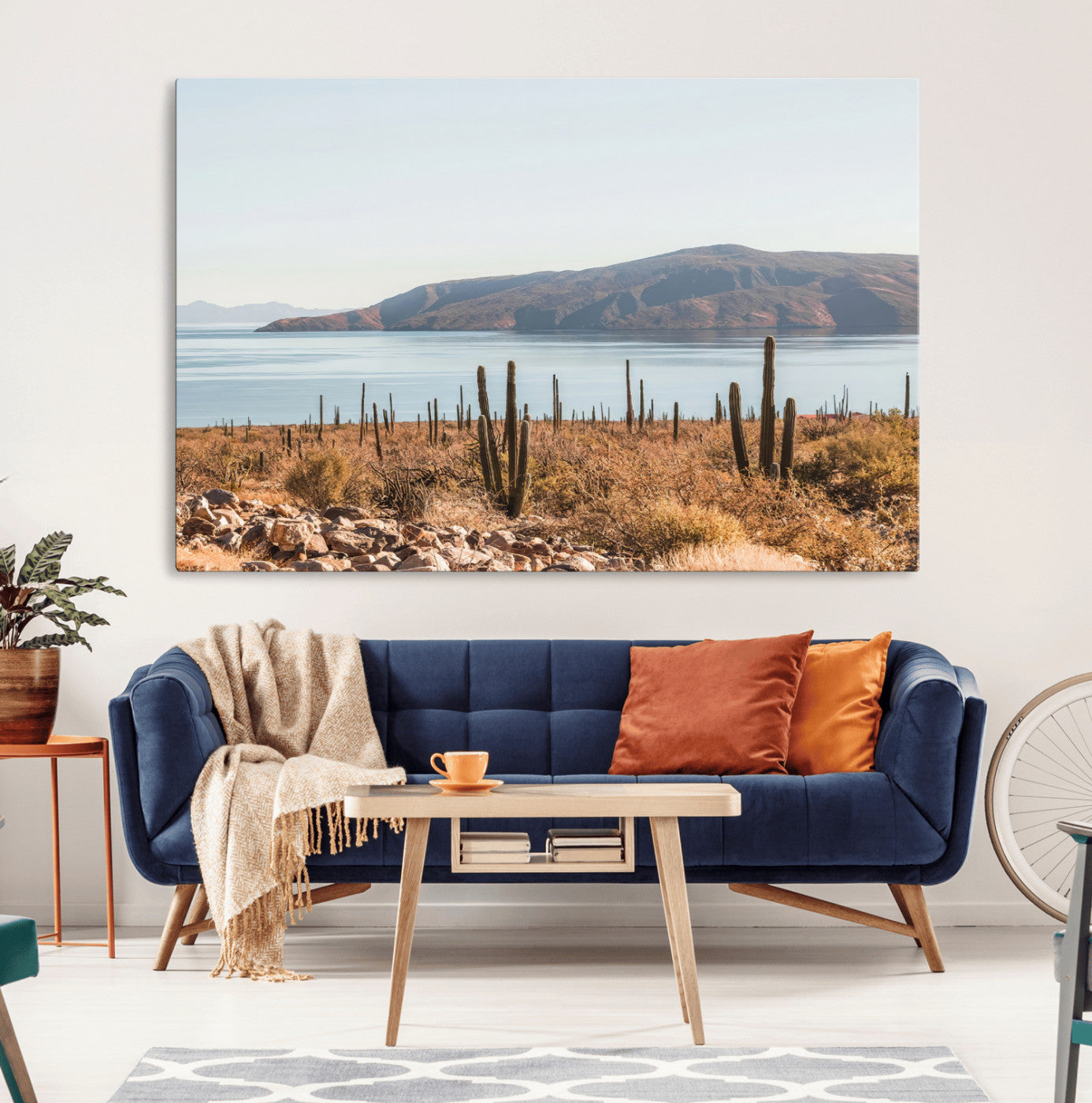 45193515-MGV-CV-36X24-Desert Cactus Wall Art Canvas Print, Framed Baja Coastline Art Picture Print, Coastal Desert Perfect Southwestern Minimalist Decor