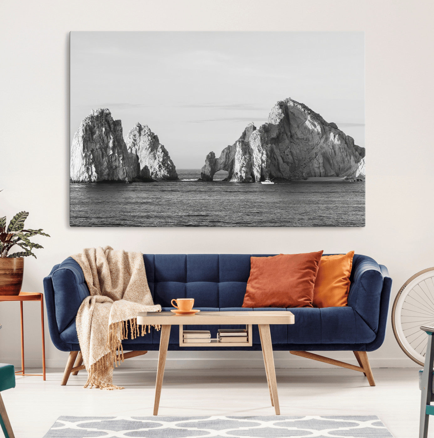 18810731-MGV-CV-36X24-Rugged Coastline Wall Art Canvas Print, Framed Ocean Cliffs Art Picture Print, Monochrome Seascape Perfect Coastal Minimalist