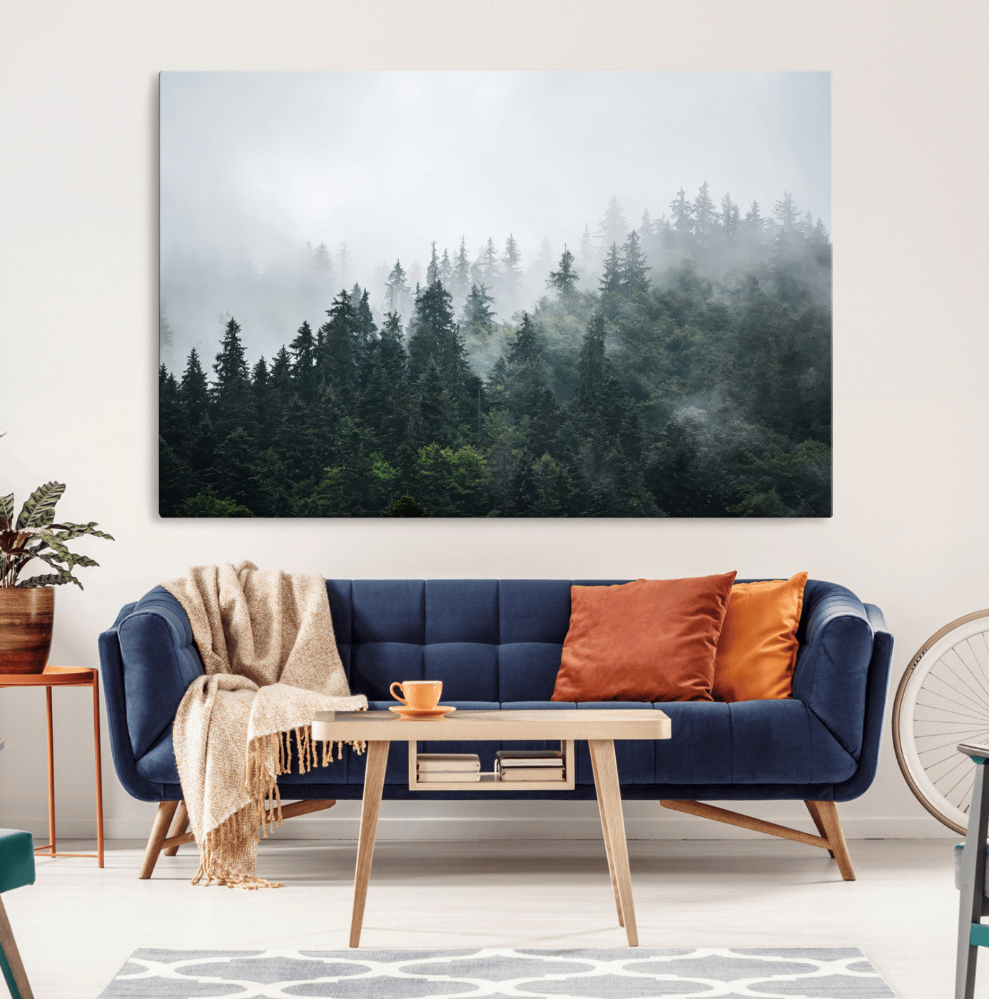 84146572-MGV-CV-36X24-Foggy Pine Trees Wall Art Canvas Print, Framed Forest Nature Art Picture Print, Evergreen Forest Perfect Scandinavian Minimalist