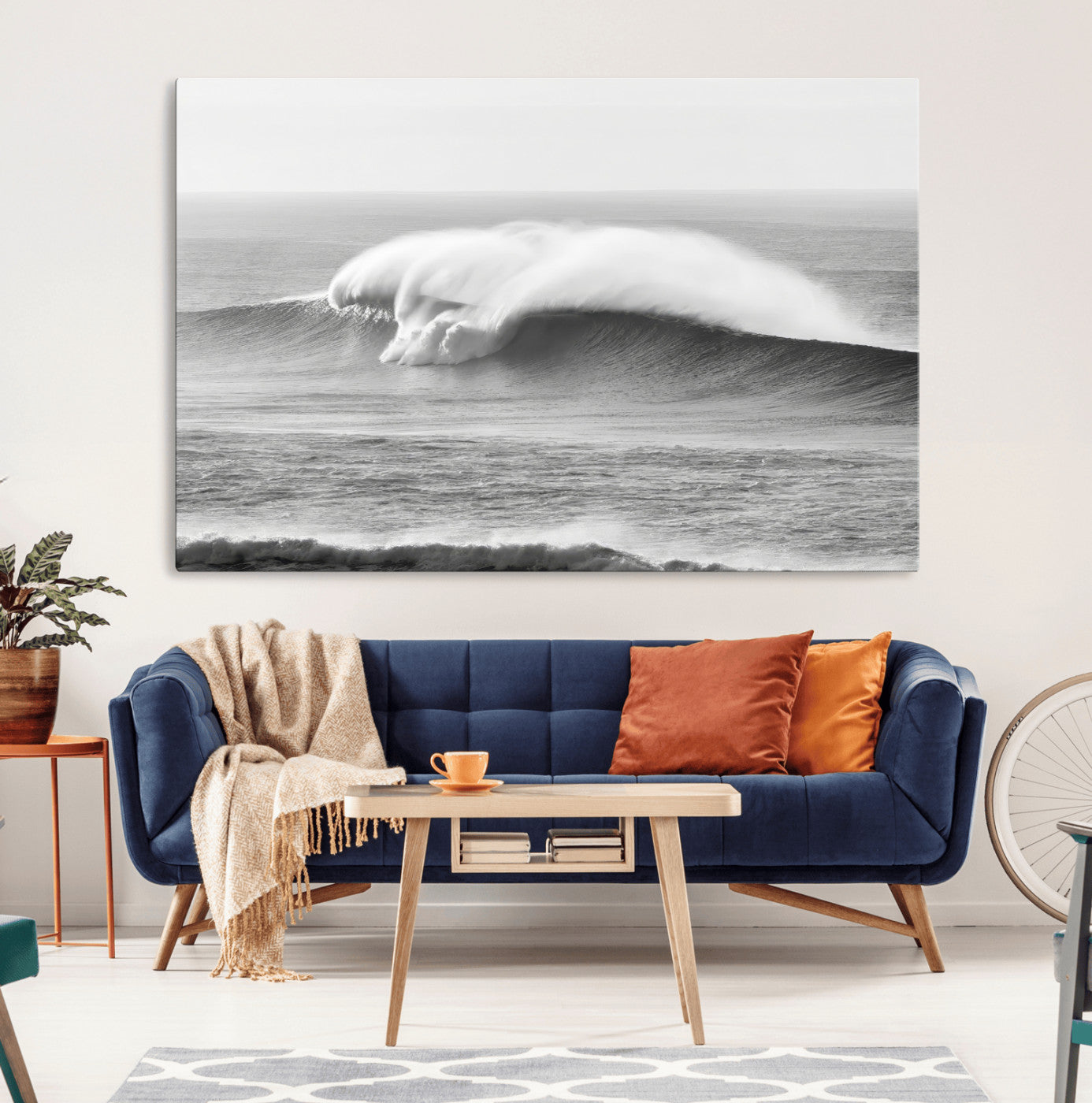 42544082-MGV-CV-36X24-Monochrome Seascape Wall Art Canvas Print, Framed Surf Wave Art Picture Print, Minimalist Ocean Perfect Moody Coastal Decor