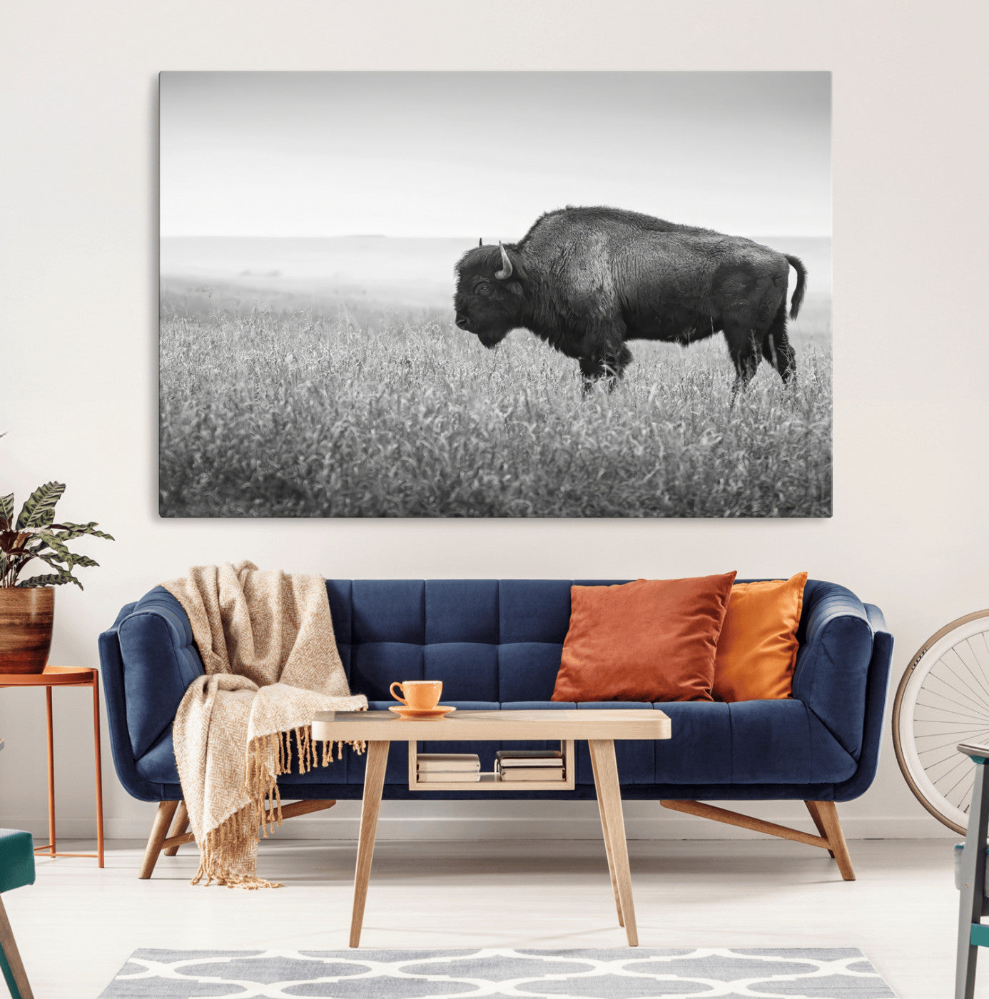28435251-MGV-CV-36X24-Bison In Prairie Wall Art Canvas Print, Framed Rustic Wildlife Art Picture Print, Wild Buffalo Perfect Rustic Western Decor