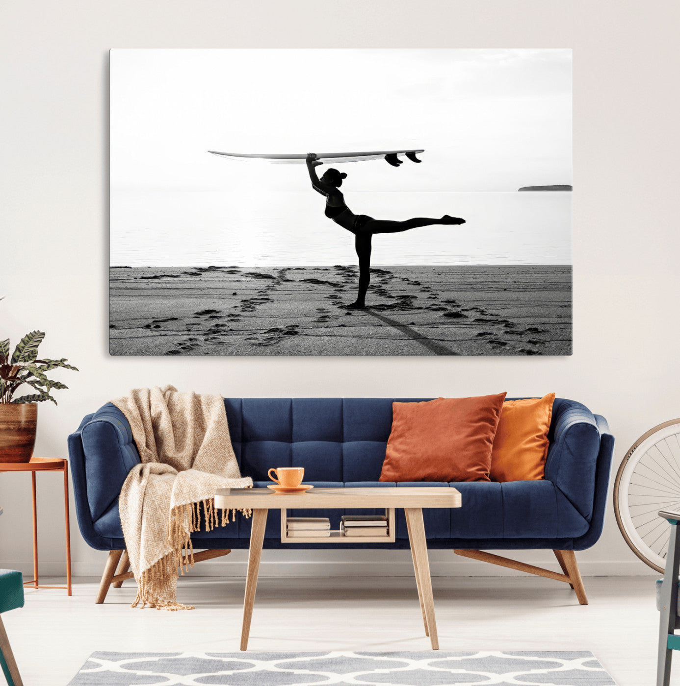28441356-MGV-CV-36X24-Yoga Surf Wall Art Canvas Print, Framed Black White Shore Art Picture Print, Peaceful Ocean Perfect Minimalist Coastal Decor