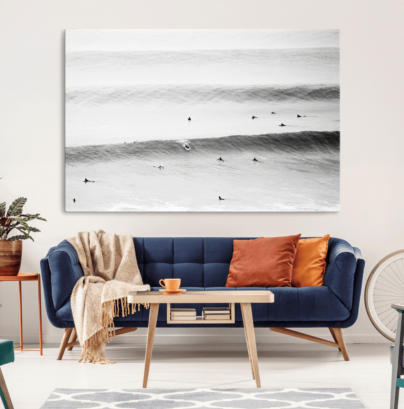 54291445-MGV-CV-36X24-Black White Ocean Wall Art Canvas Print, Framed Coastal Sport Art Picture Print, Ocean Culture Perfect Minimalist Coastal Decor