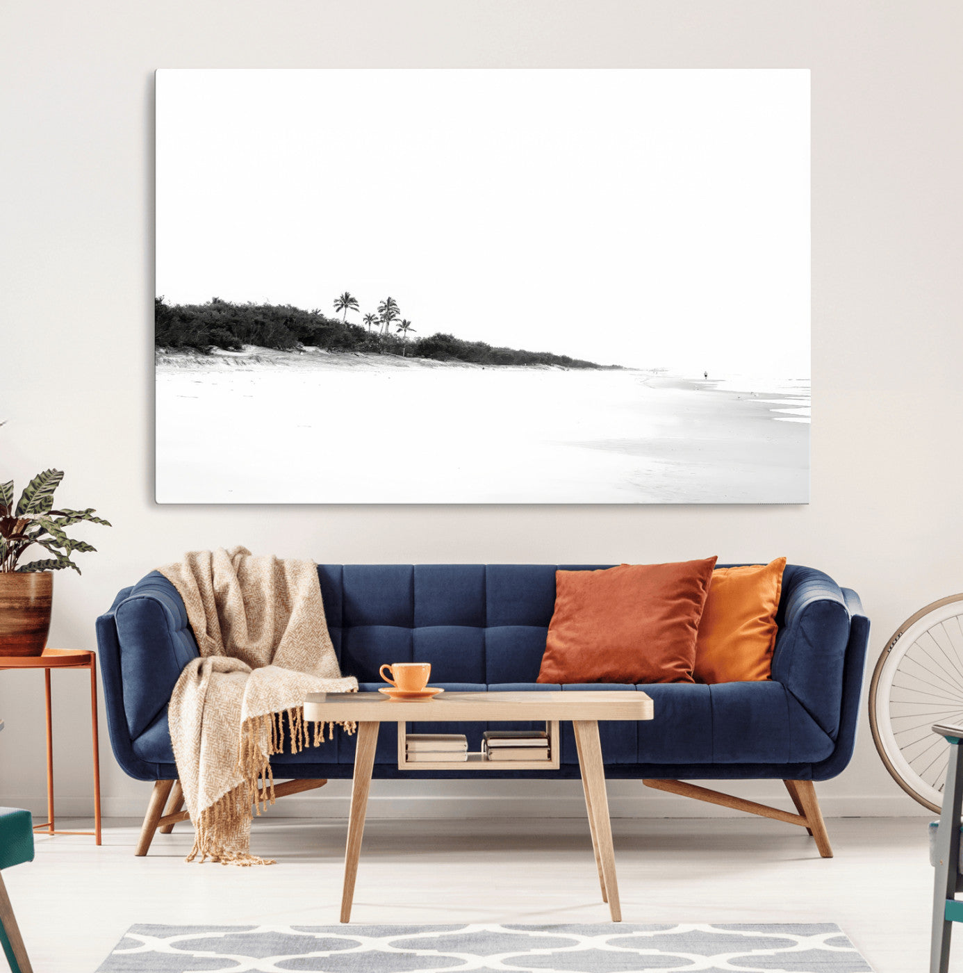 29611516-MGV-CV-36X24-Black White Beach Wall Art Canvas Print, Framed Palm Trees Art Picture Print, Monochrome Tropical Perfect Minimalist Coastal Decor