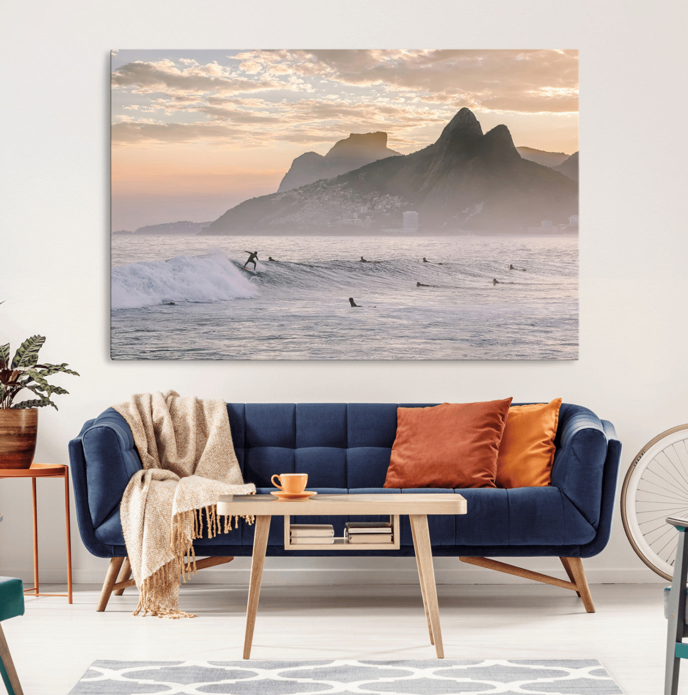 70644906-MGV-CV-36X24-Sunset Surfing Wall Art Canvas Print, Framed Misty Mountains Art Picture Print, Surfer Riding Wave Perfect Coastal Adventure Decor