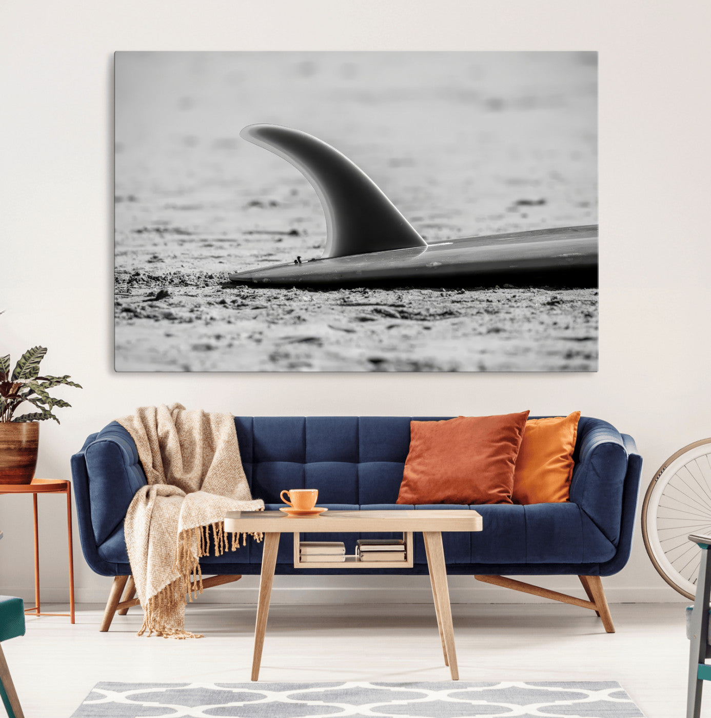 62314230-MGV-CV-36X24-Black White Surfboard Wall Art Canvas Print, Framed Minimalist Beach Art Picture Print, Surf Fin Perfect Minimalist Coastal Decor