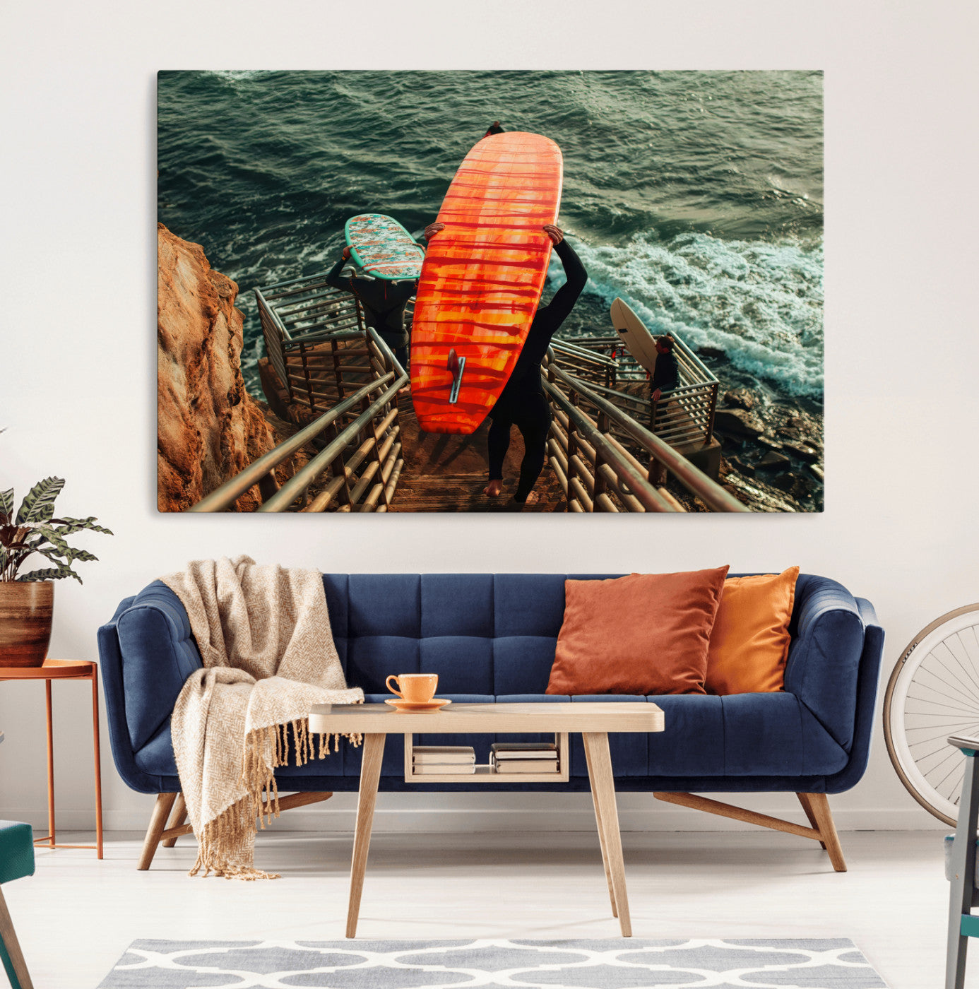 84555848-MGV-CV-36X24-Surfer Stairway Wall Art Canvas Print, Framed Ocean Surf Art Picture Print, Sunset Coastal Perfect Coastal Adventure Decor Artwork
