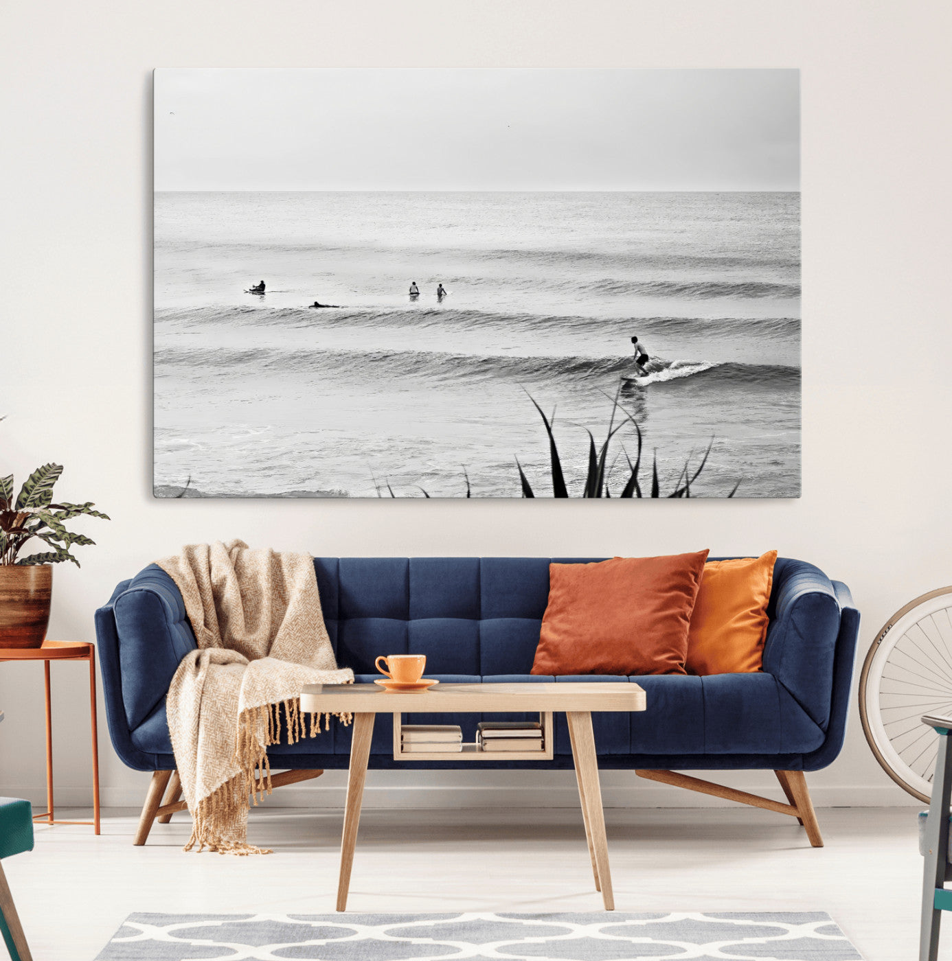 33821421-MGV-CV-36X24-Surfer Silhouette Wall Art Canvas Print, Framed Calm Ocean Art Picture Print, Monochrome Surf Perfect Minimalist Coastal Decor