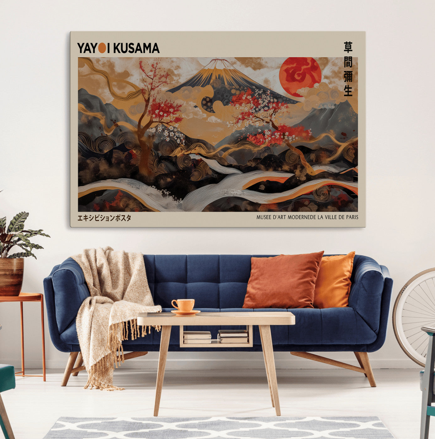 77970791-MGV-CV-36X24-Mount Fuji Golden Abstract Wall Art – Japanese Landscape Canvas Poster, Cherry Blossom & Red Sun Painting, Elegant Zen Oriental