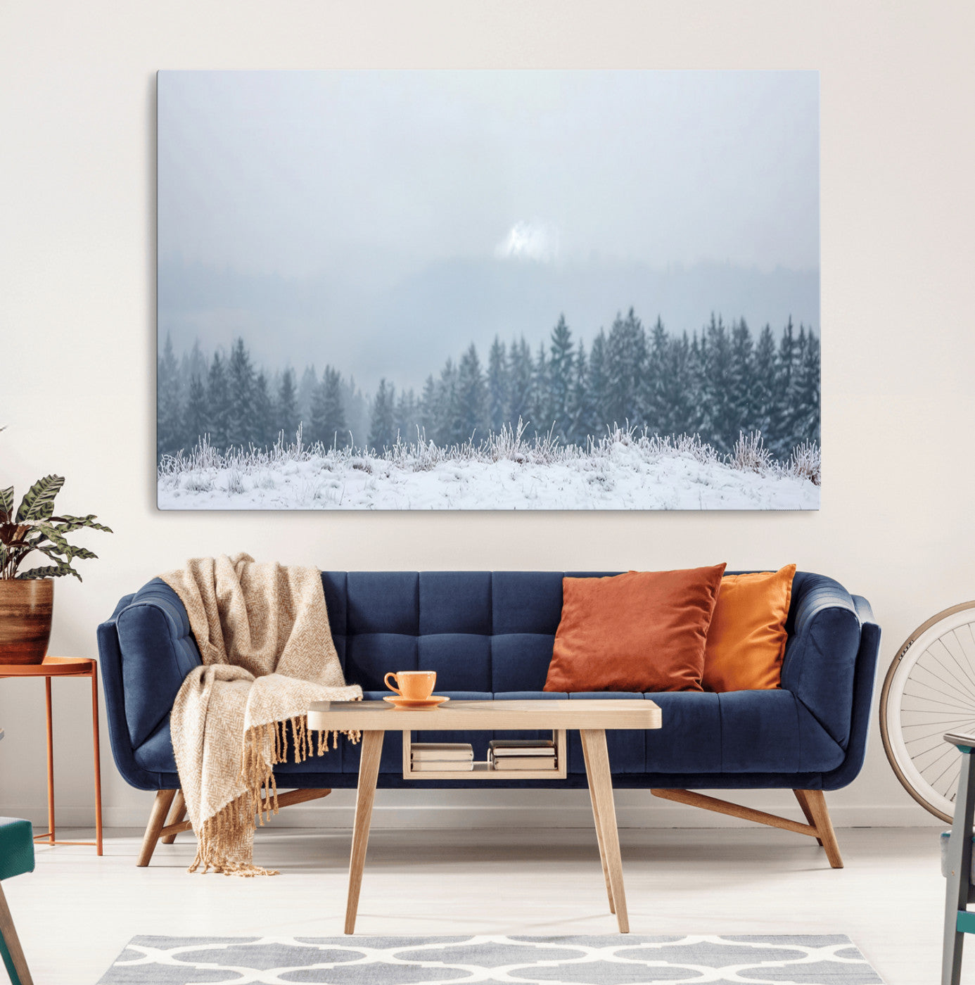 33033082-MGV-CV-36X24-Winter Forest Art Wall Art Canvas Print, Framed Snowy Landscape Art Picture Print, Misty Tree Scene Perfect Nordic Minimalist