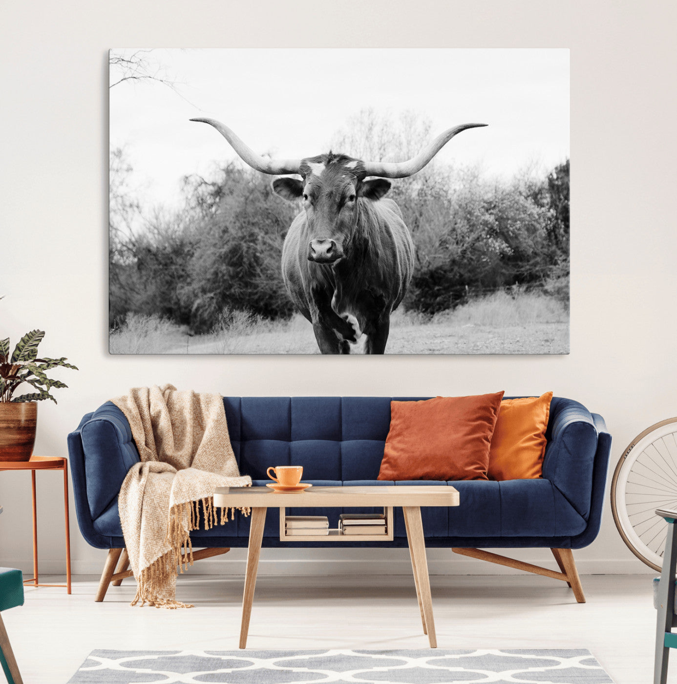 97280319-MGV-CV-36X24-Longhorn Photography Wall Art Canvas Print, Framed Western Cow Decor Art Picture Print, Texas Ranch Style Perfect Rustic Farmhouse